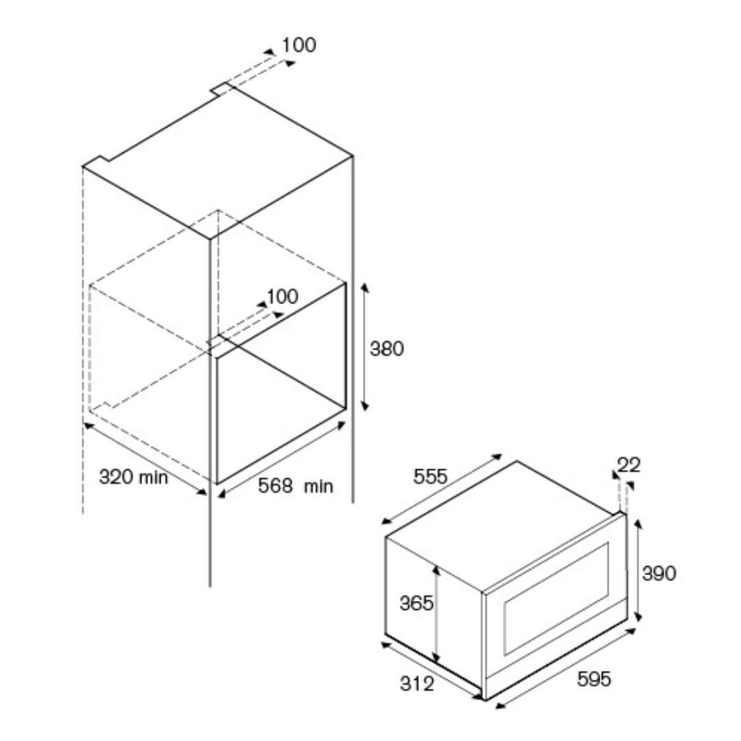 Disegno tecnico di un forno da incasso con dimensioni.