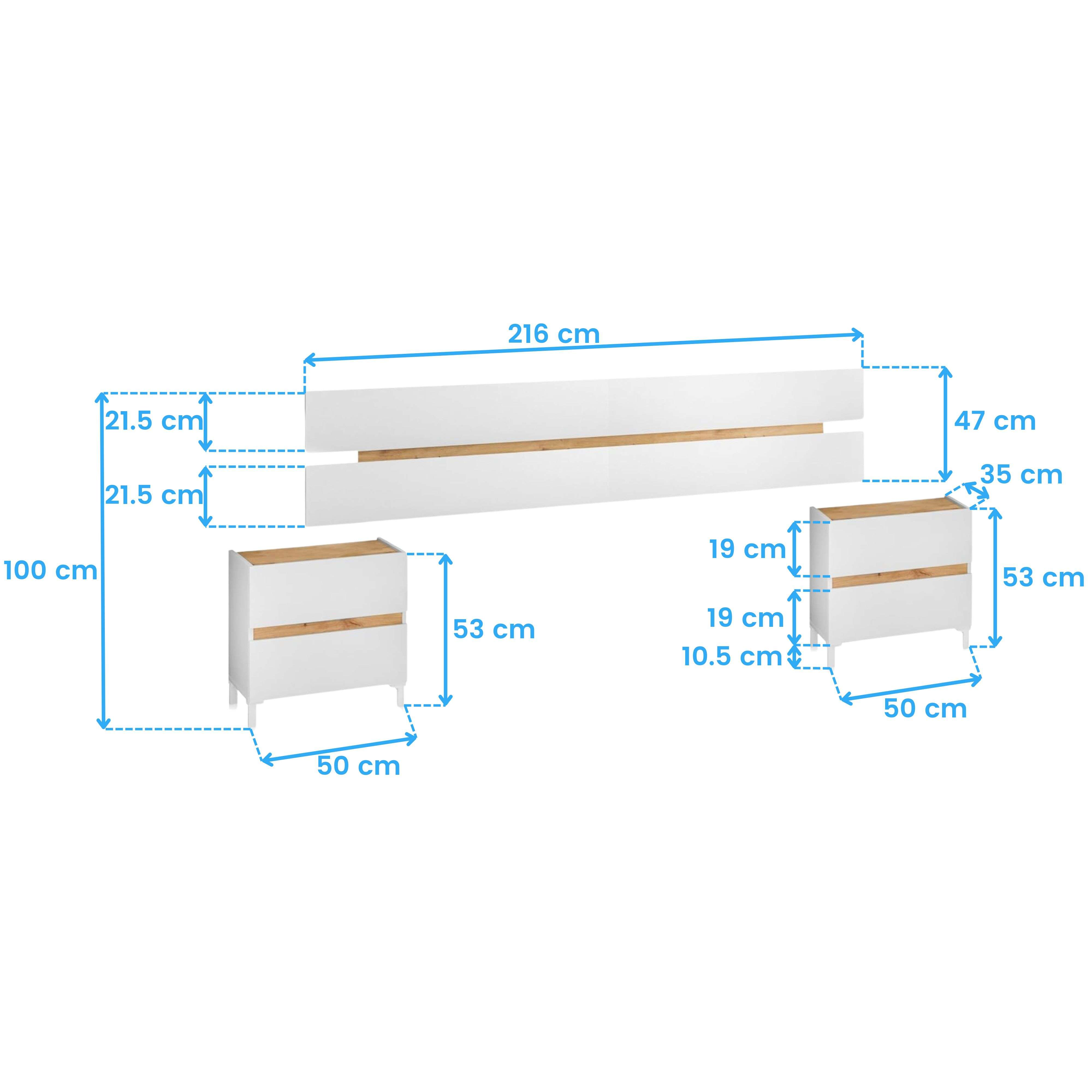 Muebles blancos con acentos de madera y dimensiones.