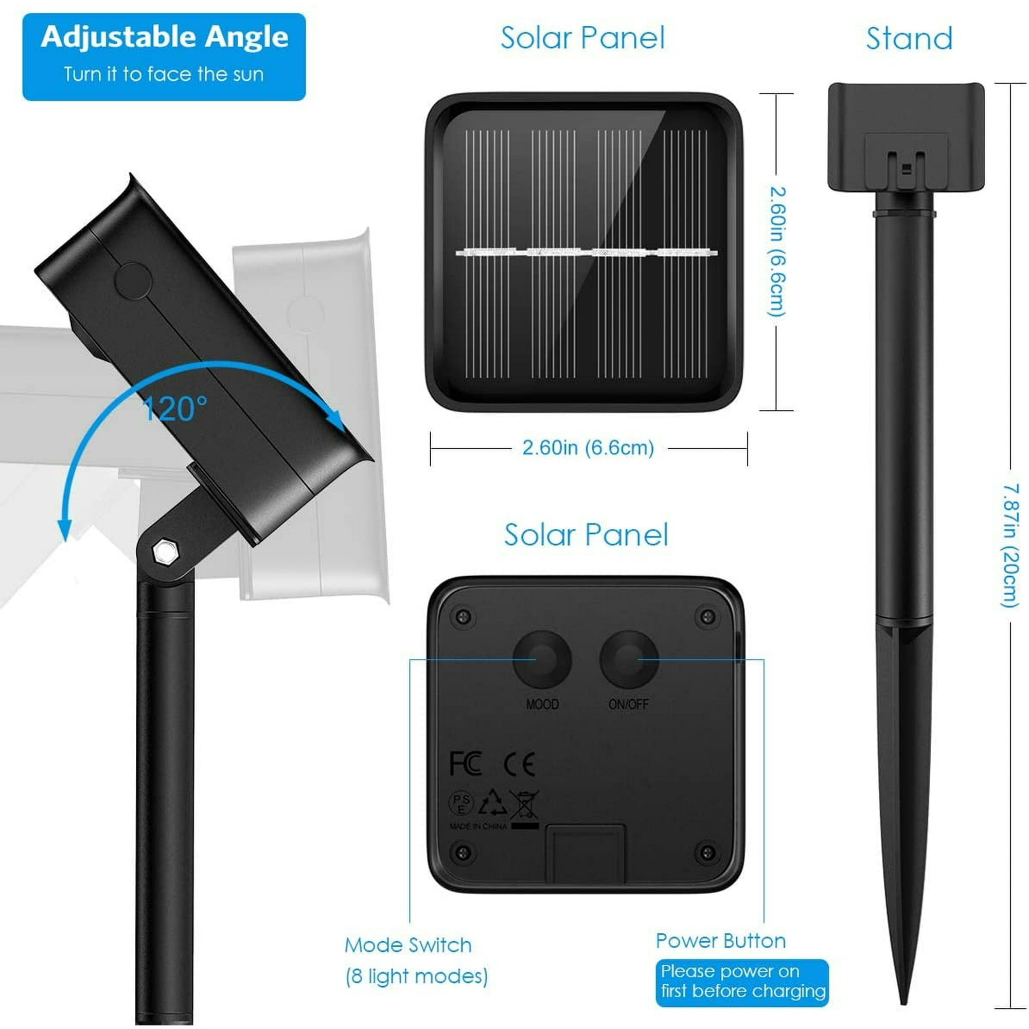 Diagramm zeigt ein Solarpanel, Ständer und verstellbares Licht. Maße angegeben.