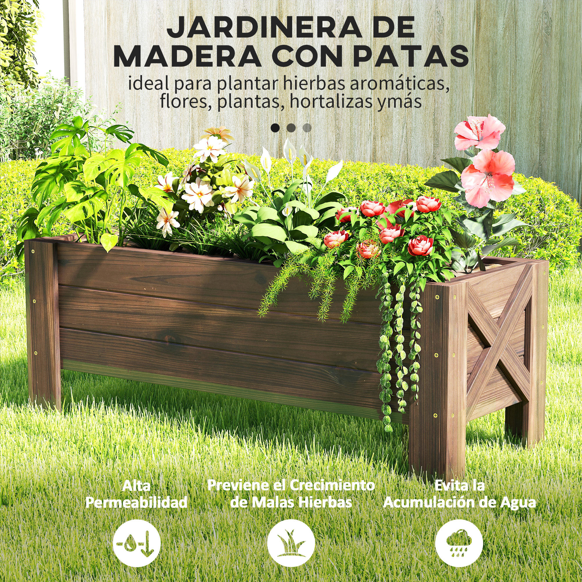 Macetera de madera marrón con patas, llena de flores, hierbas y plantas.