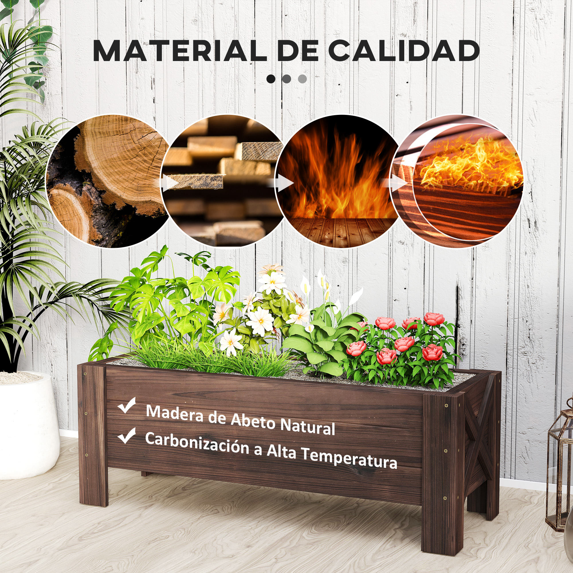 Macetero de madera oscura con plantas e imágenes de llamas.