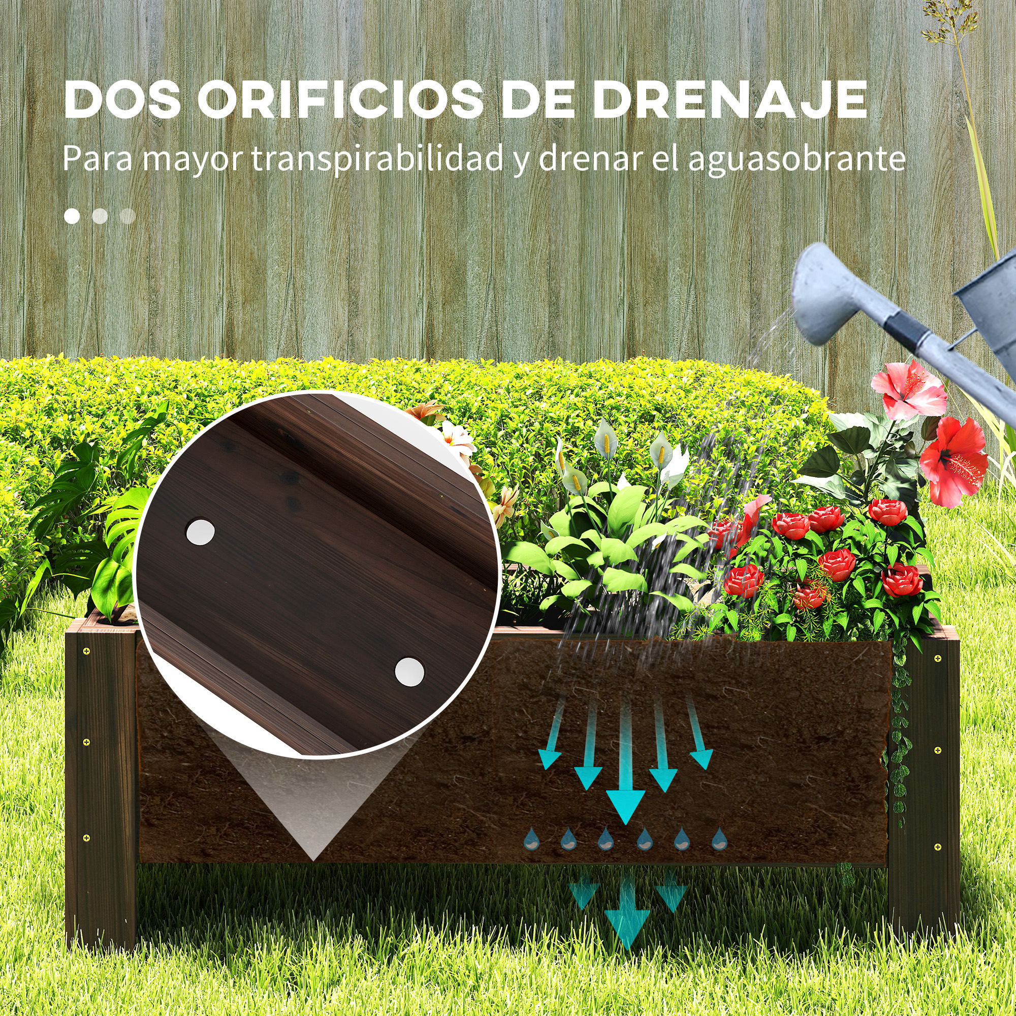 Un bancal elevado con flores y riego, mostrando drenaje.