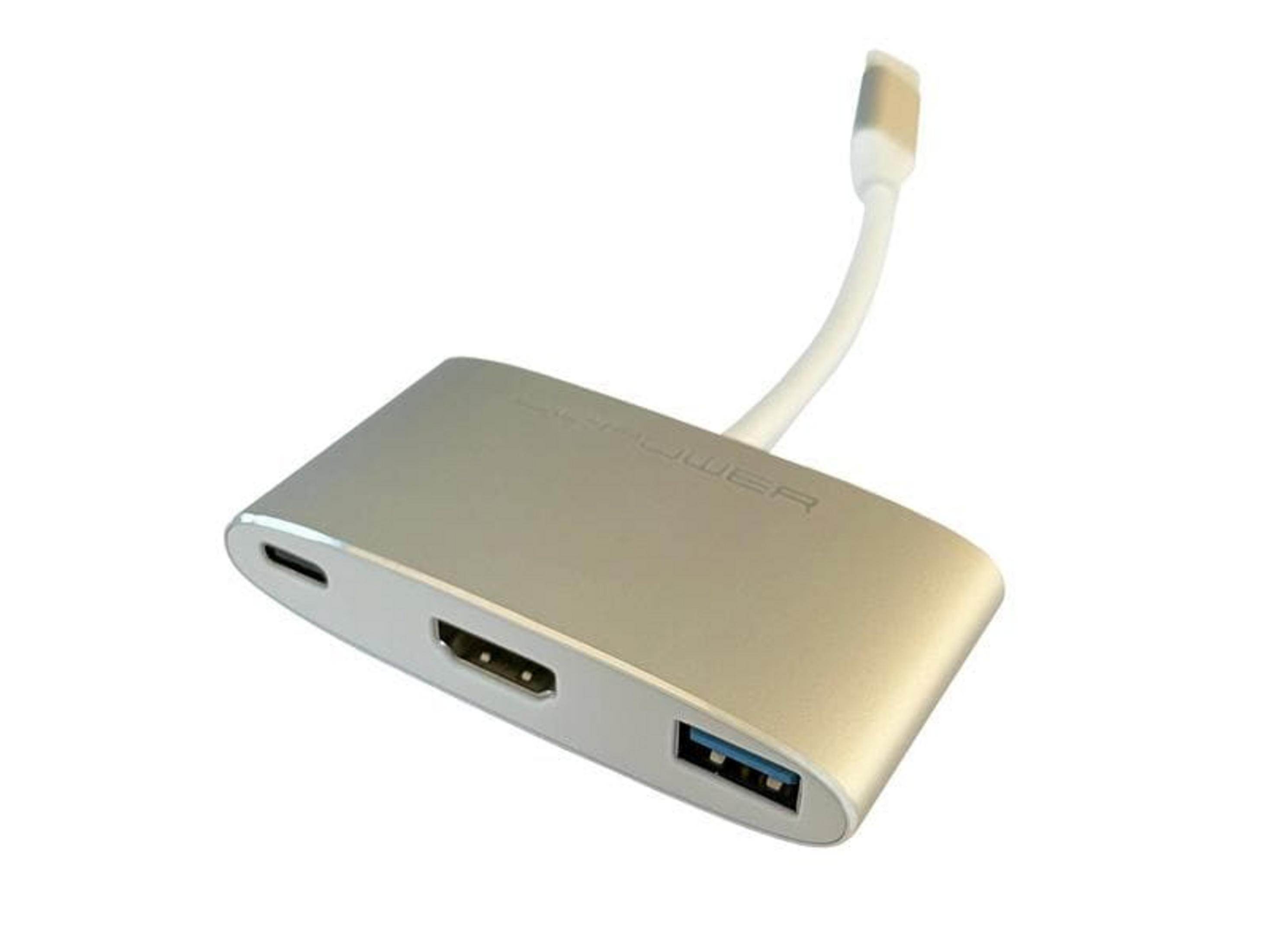 Ein silberner USB-C-Hub mit HDMI-, USB-A- und USB-C-Anschlüssen.