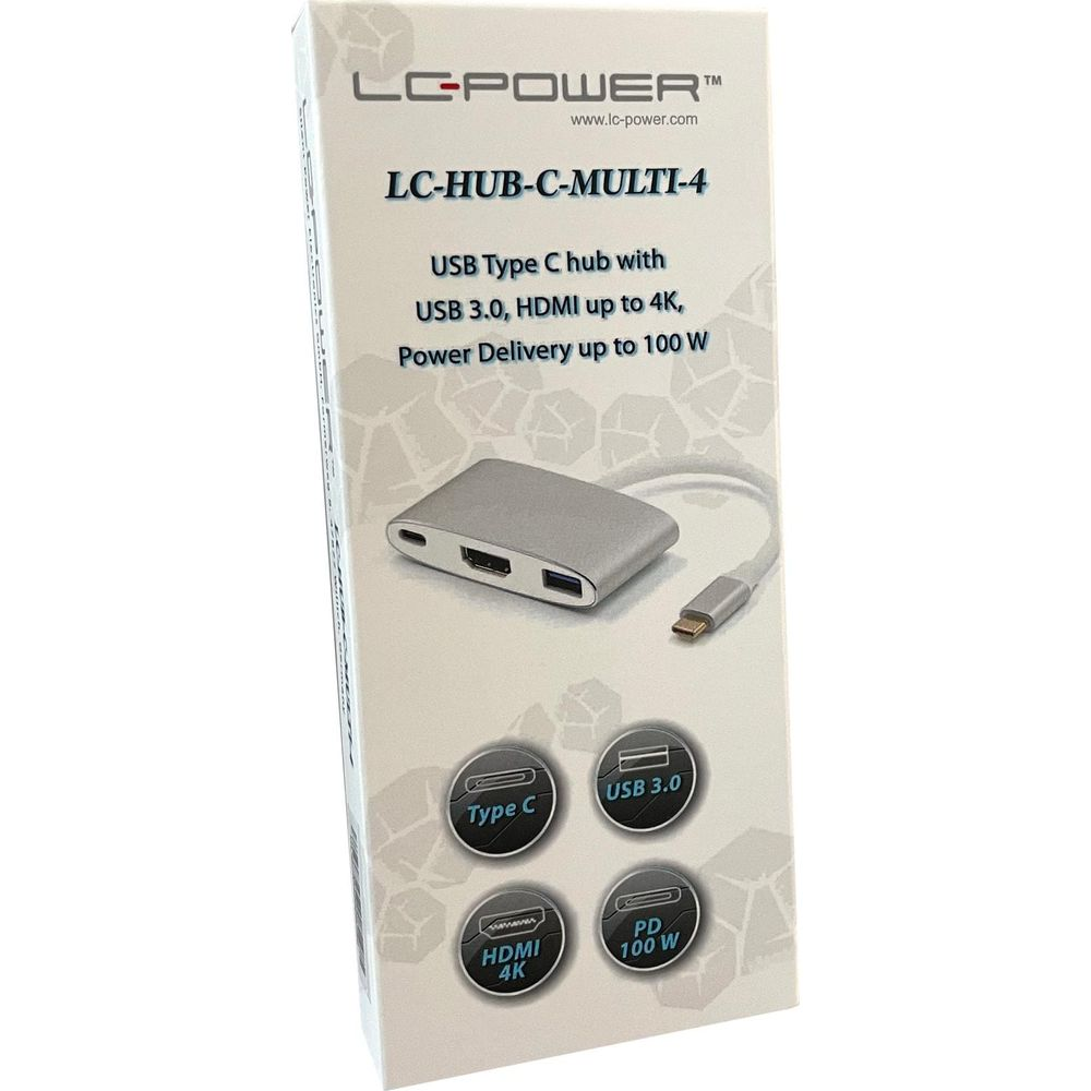 Grauer USB-C-Hub mit HDMI, USB 3.0 und 100W PD auf Verpackung.