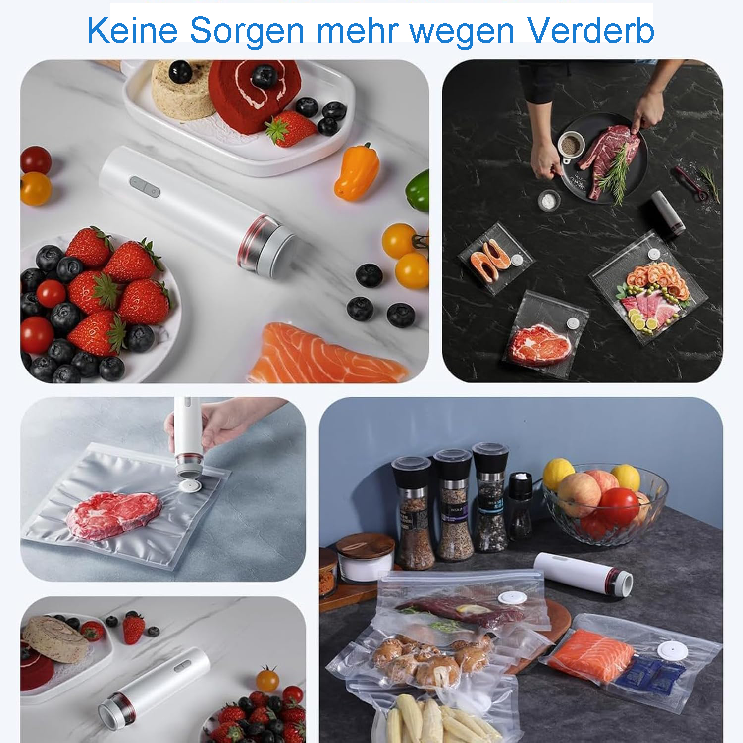 Früchte, Gebäck und Vakuumierer auf Marmortisch.