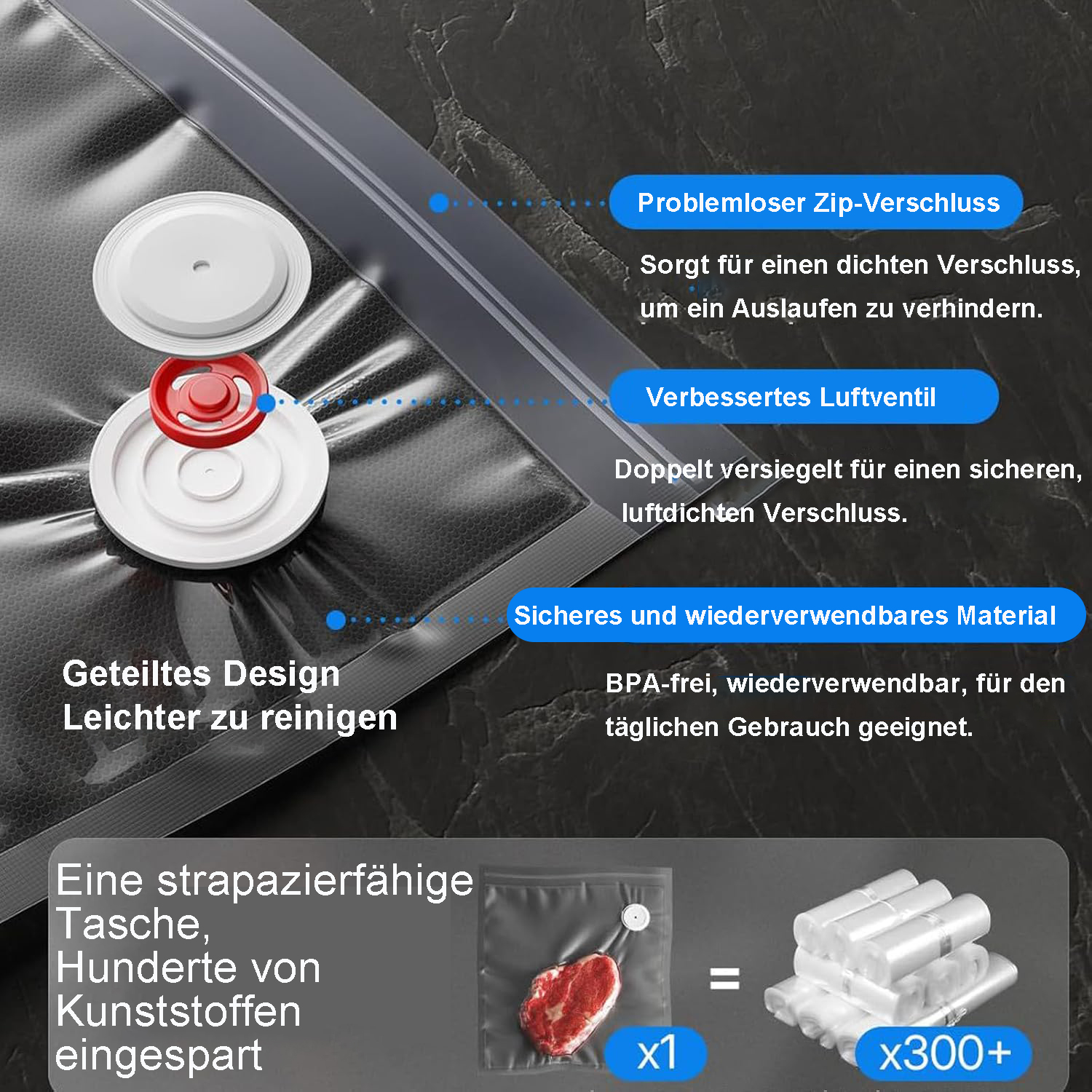 Vakuumbeutel mit Zip-Verschluss, Luftventil und BPA-freiem Material. 1 Beutel mit Fleisch, 300+ Rollen.