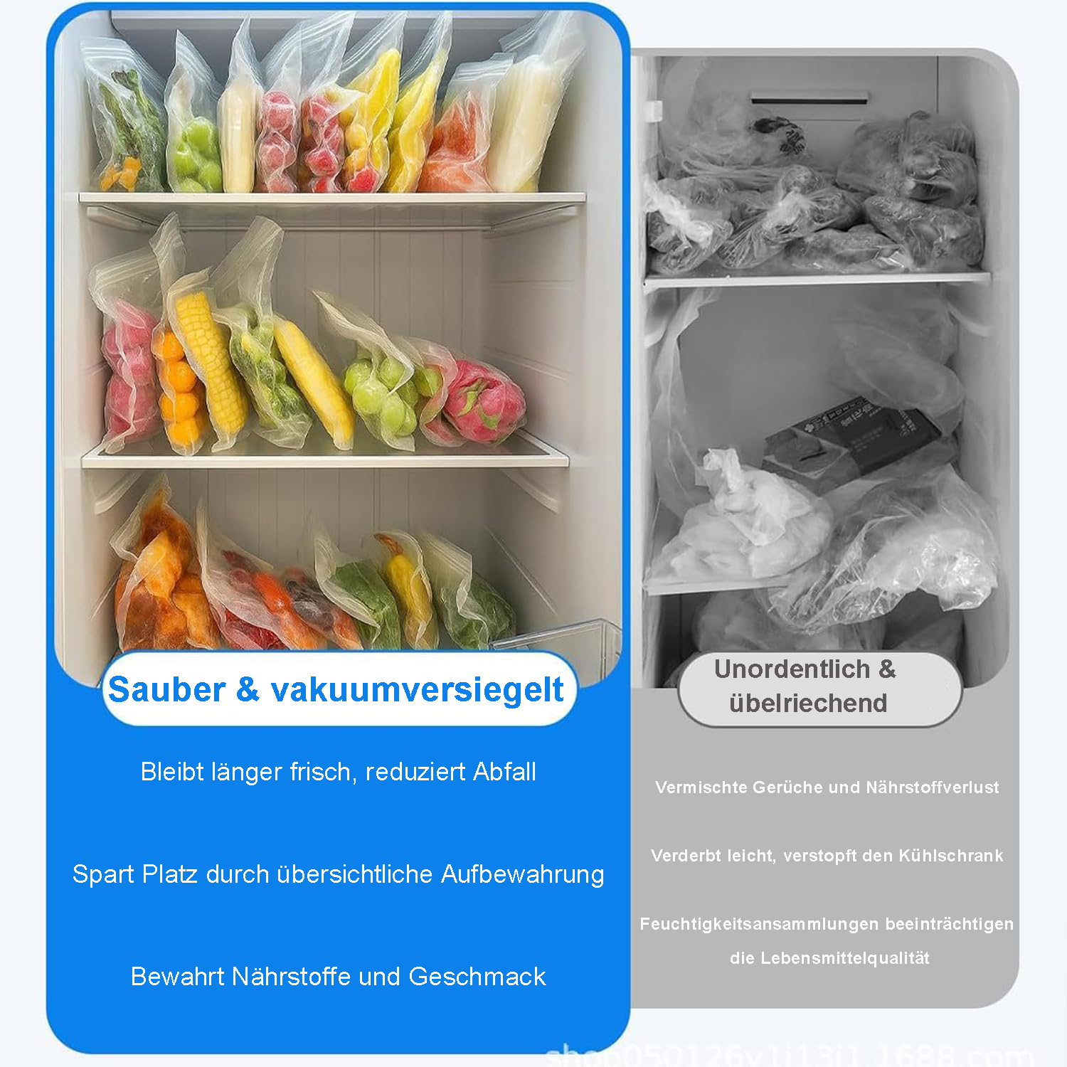 Kühlschrankvergleich: organisierte Vakuumbeutel vs. unordentliche, offene Lebensmittel.