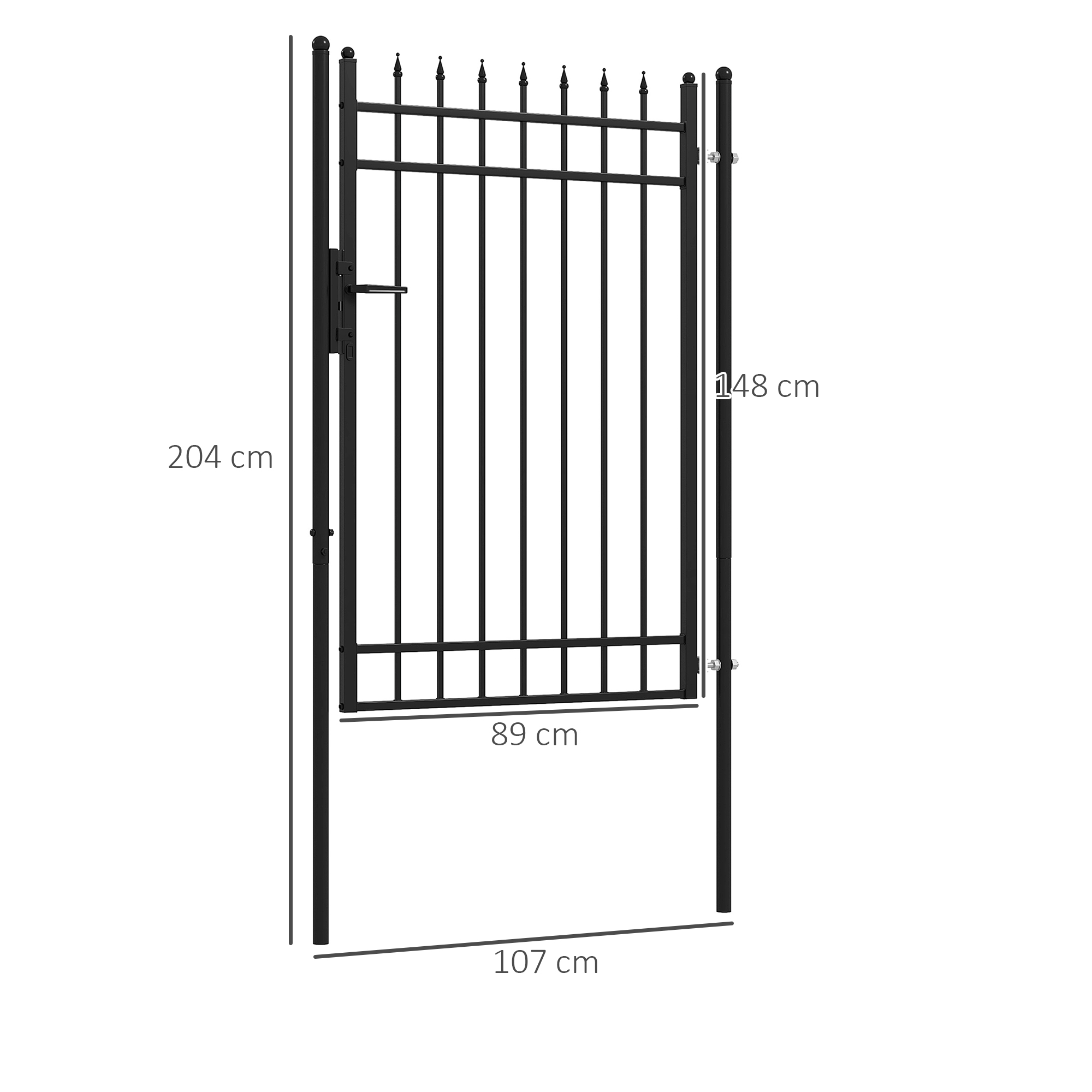 Cancello in metallo nero con barre verticali e pinnacoli. Dimensioni: 204x89x107 cm.