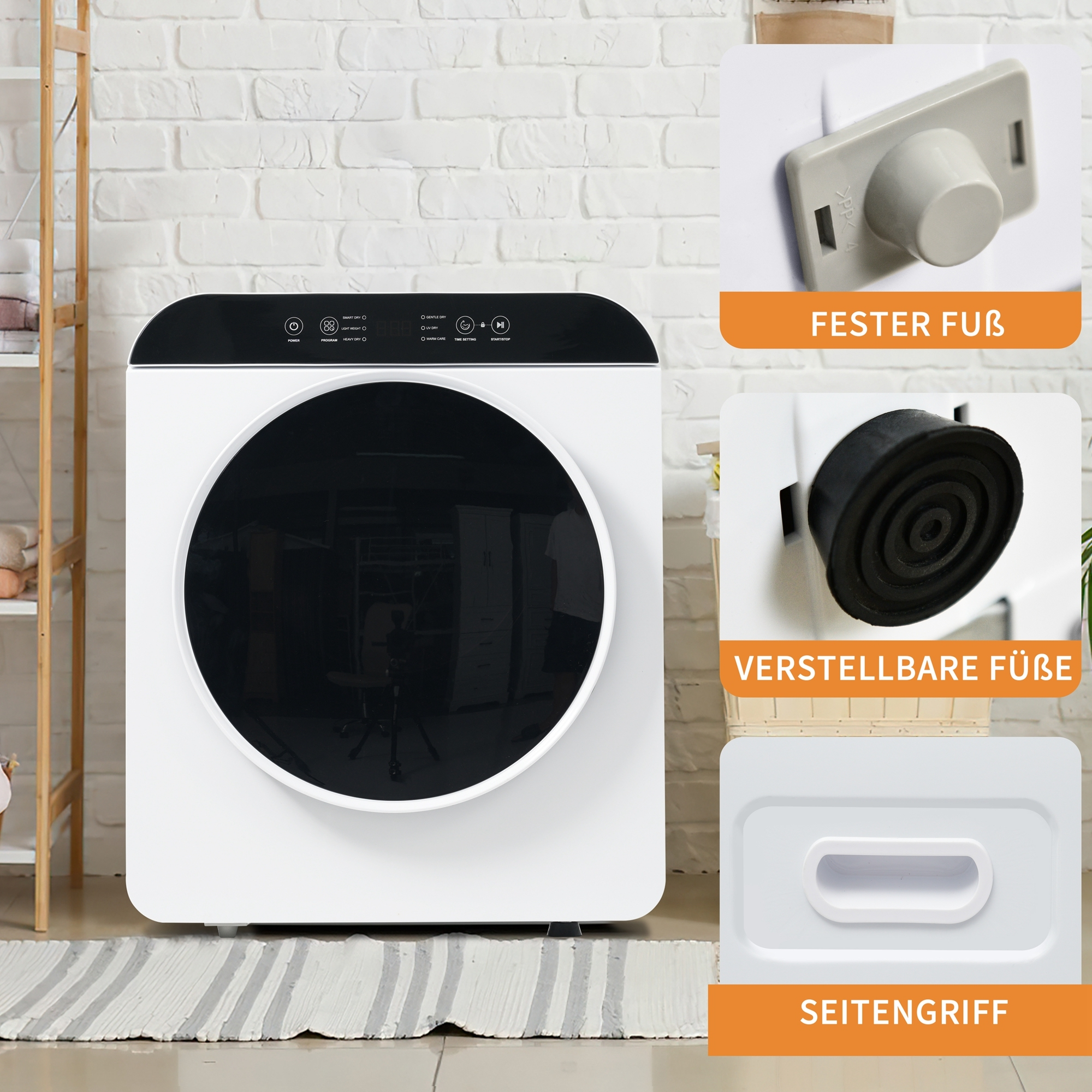 Weiße Waschmaschine mit schwarzer Tür und Bedienfeld. Details: fester Fuß, verstellbare Füße, Seitengriff.