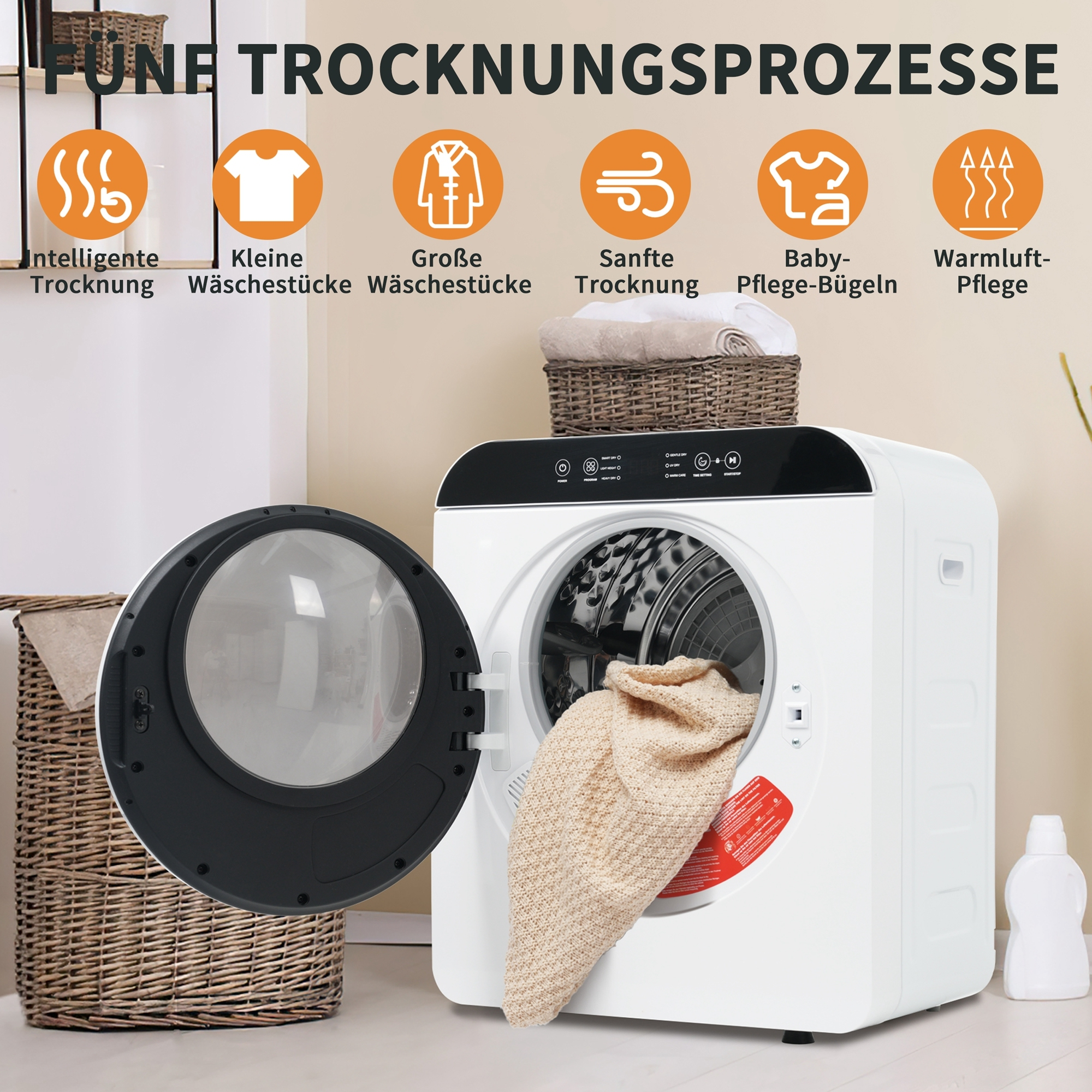 Ein weißer Trockner mit offener Tür. Daneben ein Wäschekorb.