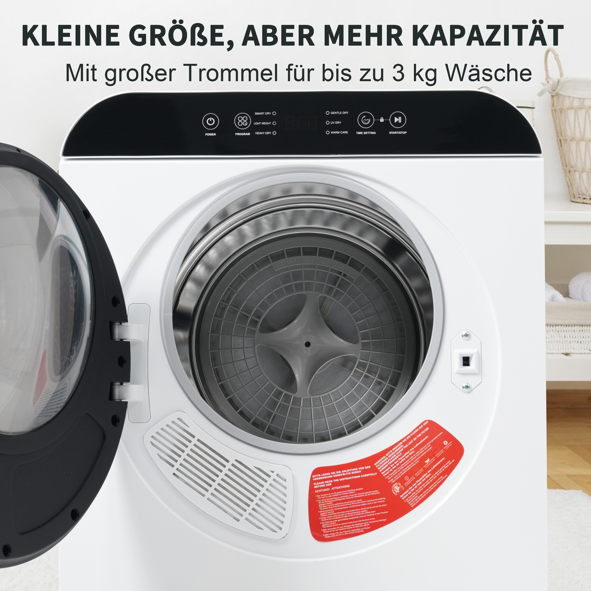 Ein weißer Wäschetrockner mit offener Tür und schwarzem Bedienfeld.