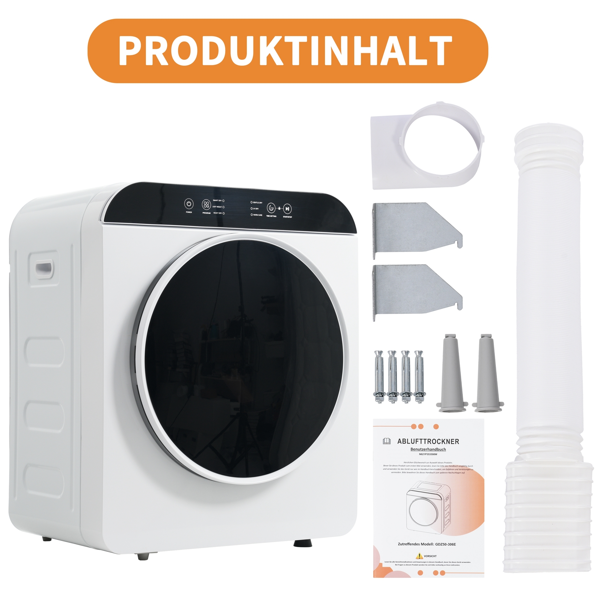 Ein weißer Wäschetrockner mit Zubehör: Bedienungsanleitung, Abluftschlauch, Wandhalterung.