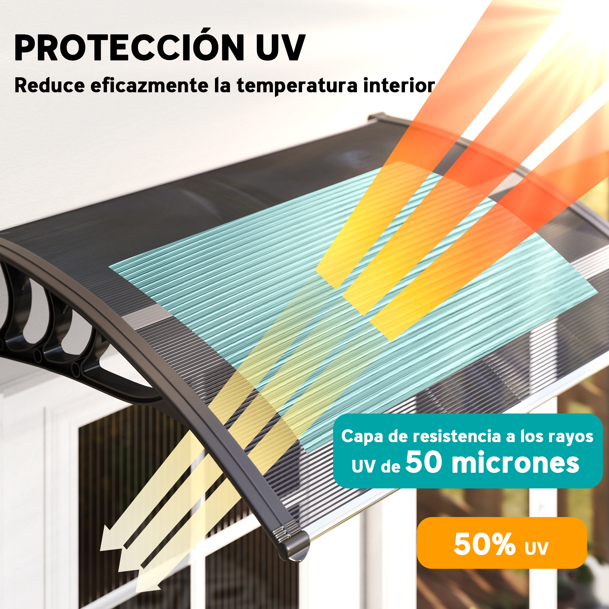 Toldo con protección UV, reduce la temperatura interior.