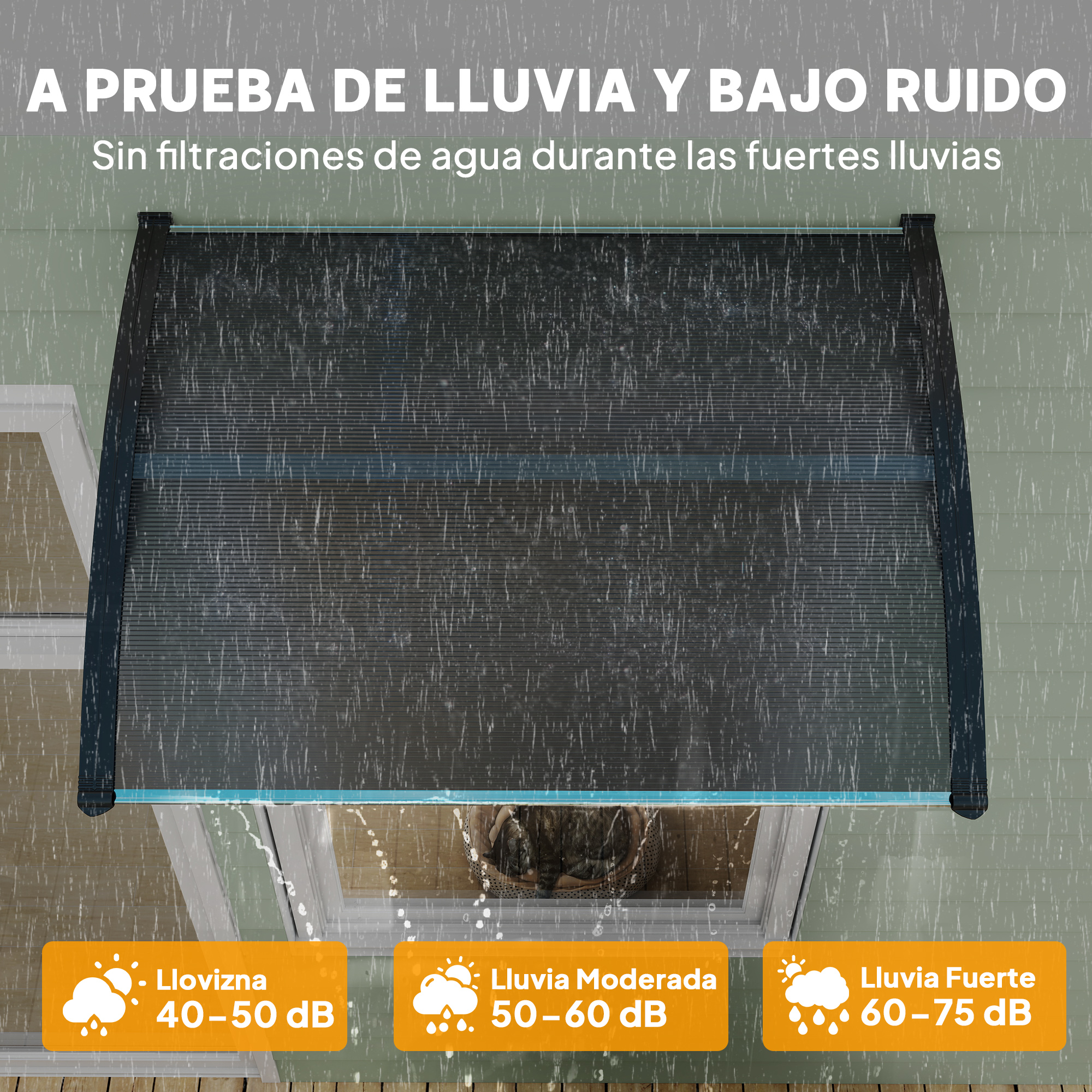 Toldo protege de la lluvia. Se muestran niveles de dB para lluvia ligera a fuerte.