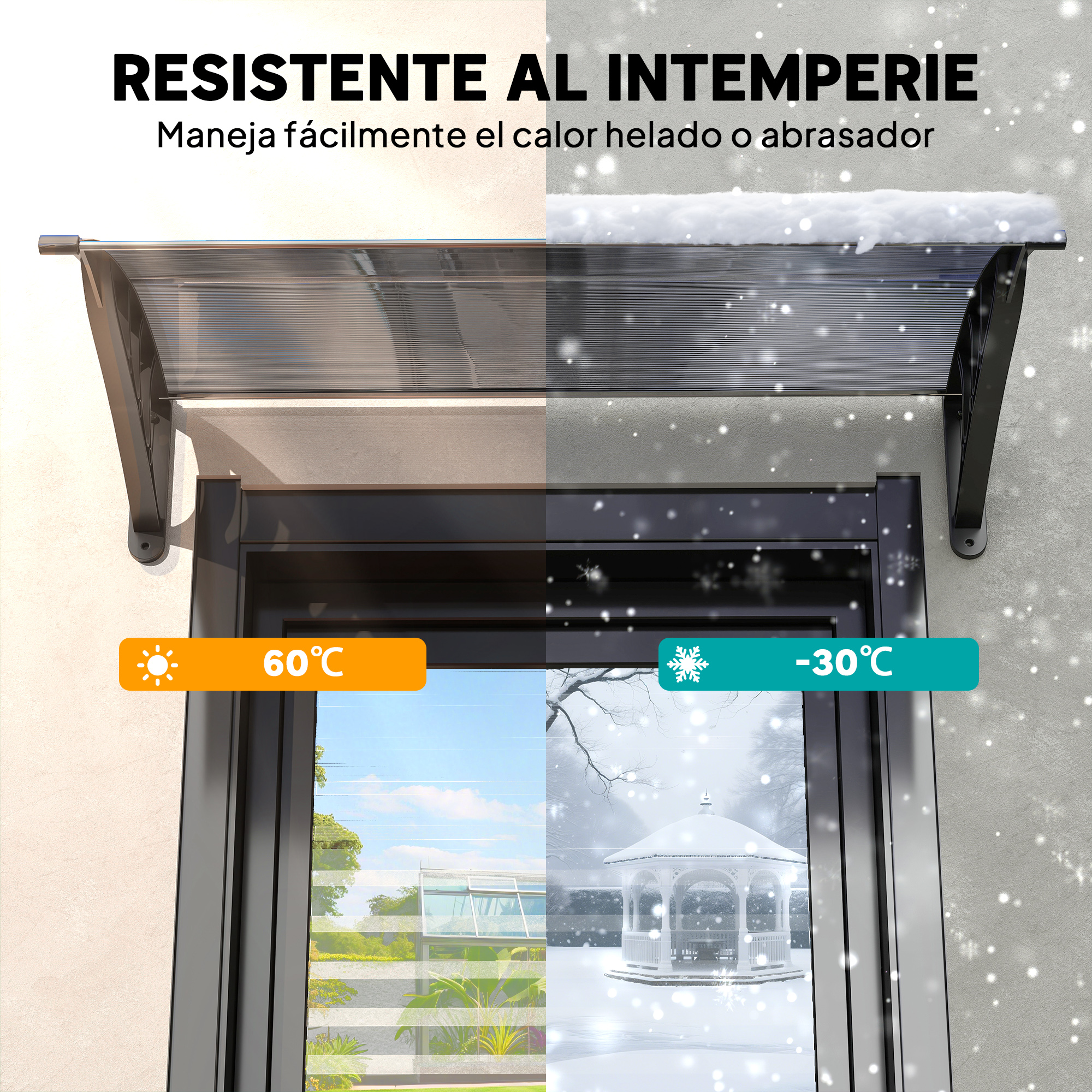 Toldo sobre puerta muestra 60°C y -30°C, resistente al calor y frío.
