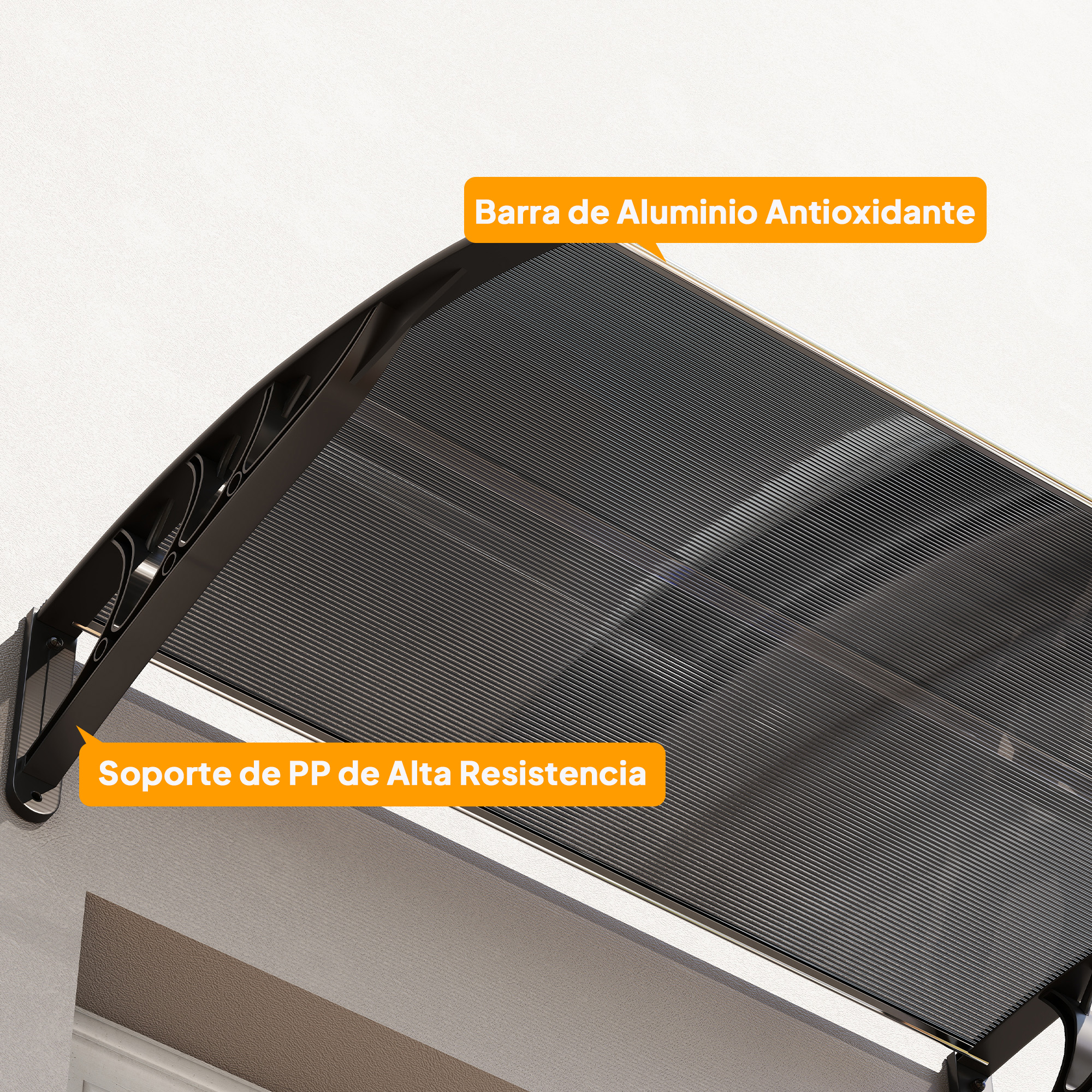Toldo negro con soportes de aluminio y PP en una pared.