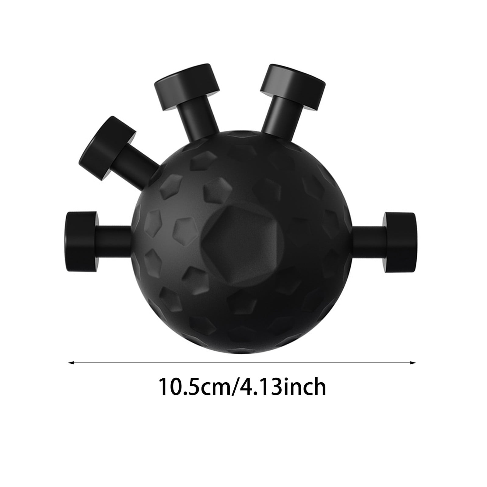 Schwarzer Ball mit pentagonalen Vertiefungen und angebrachten Stiften.