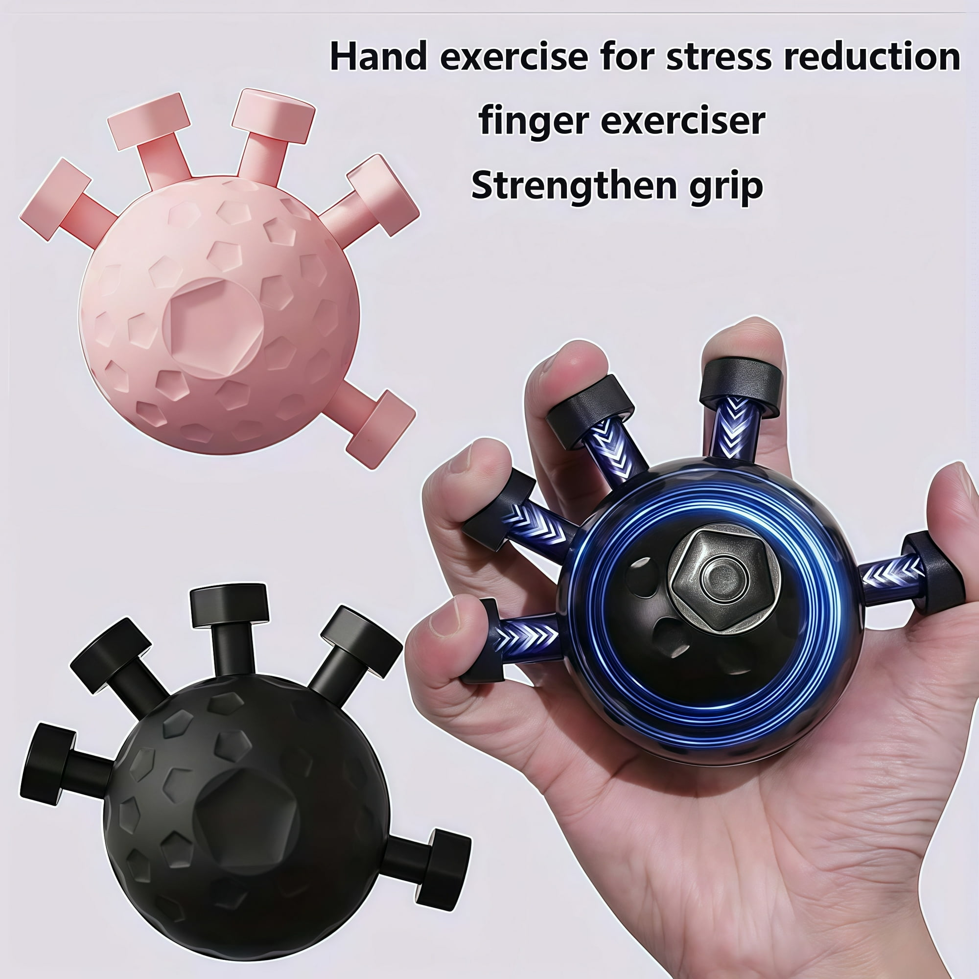 Hand-Trainingsgerät mit Stacheln in Schwarz und Rosa, eins in der Hand.