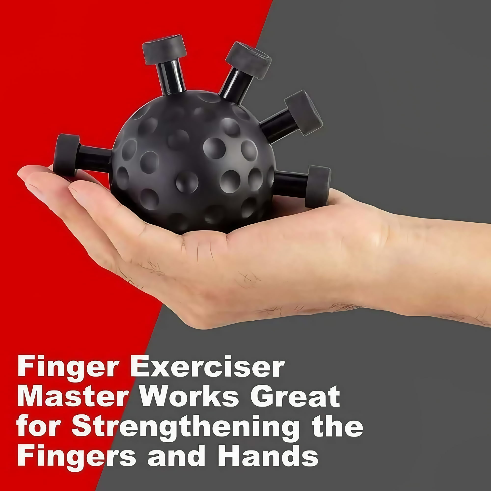 Eine Hand hält einen schwarzen Fingerübungsball mit mehreren Noppen und Griffen.