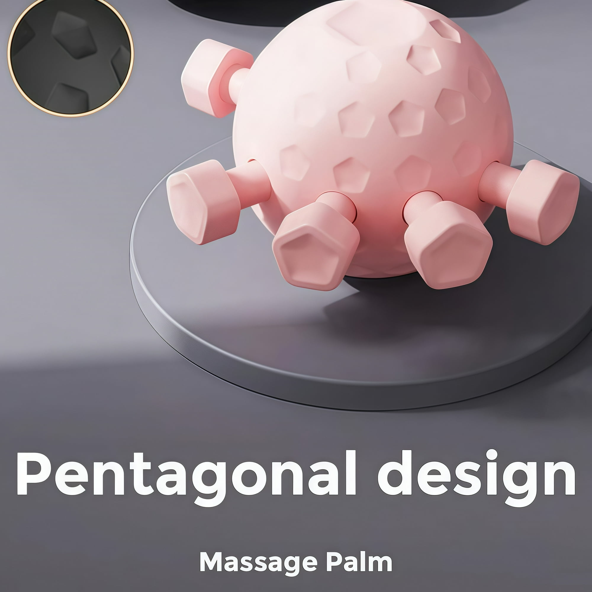 Eine rosafarbene Massagekugel mit pentagonalen Noppen liegt auf einem grauen Podest.
