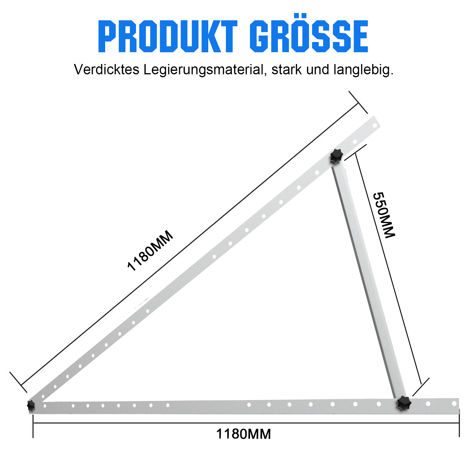 Ein Winkelmesser mit Maßen 1180mm und 550mm. Aus Metall.