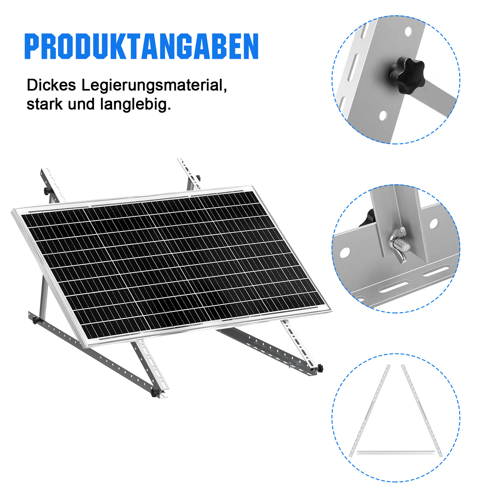 Solarpanel auf silbernem Montagerahmen mit Nahaufnahmen der Befestigungsteile.