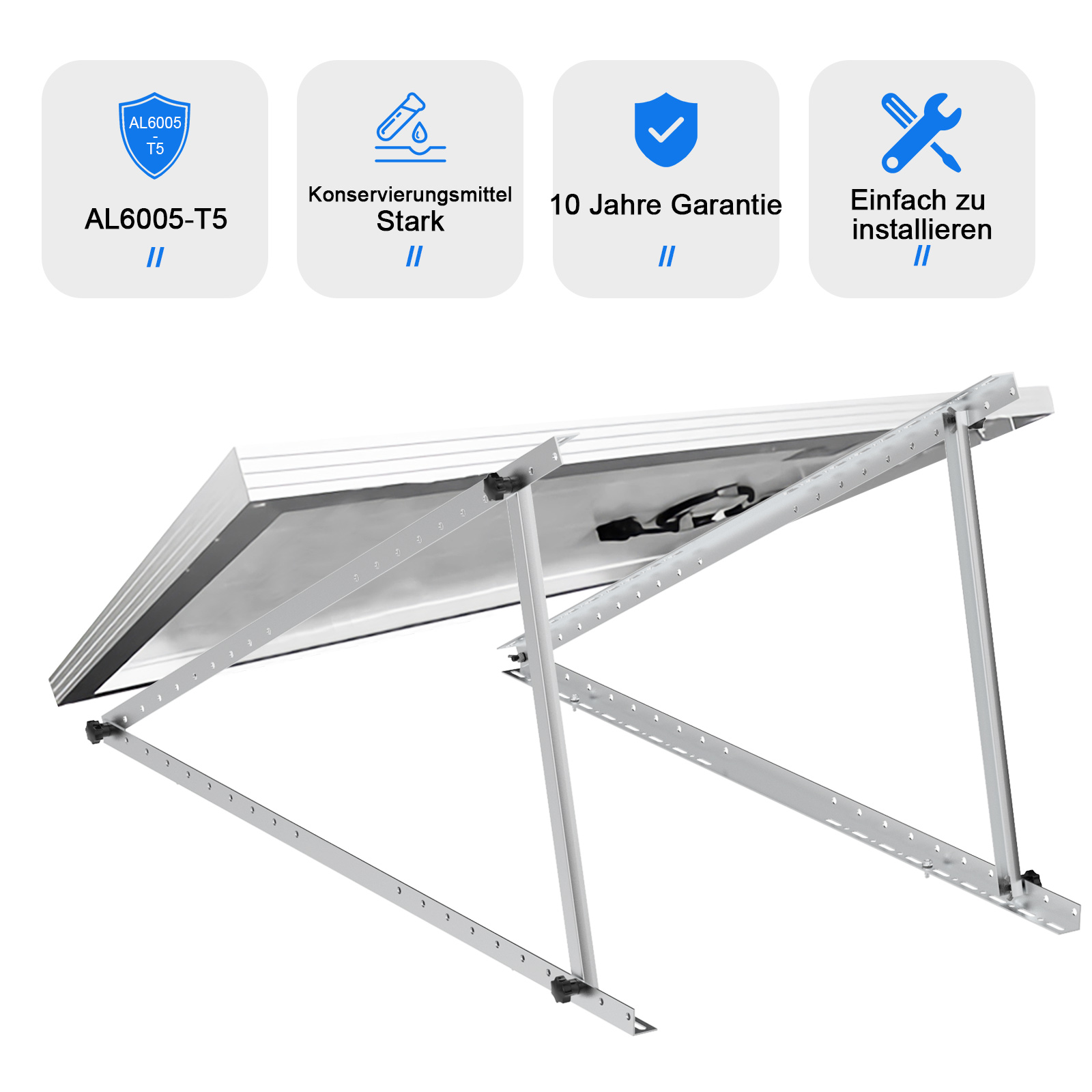 Ein Solarmodul auf einer Metallhalterung, mit Icons für Material, Garantie und Montage.