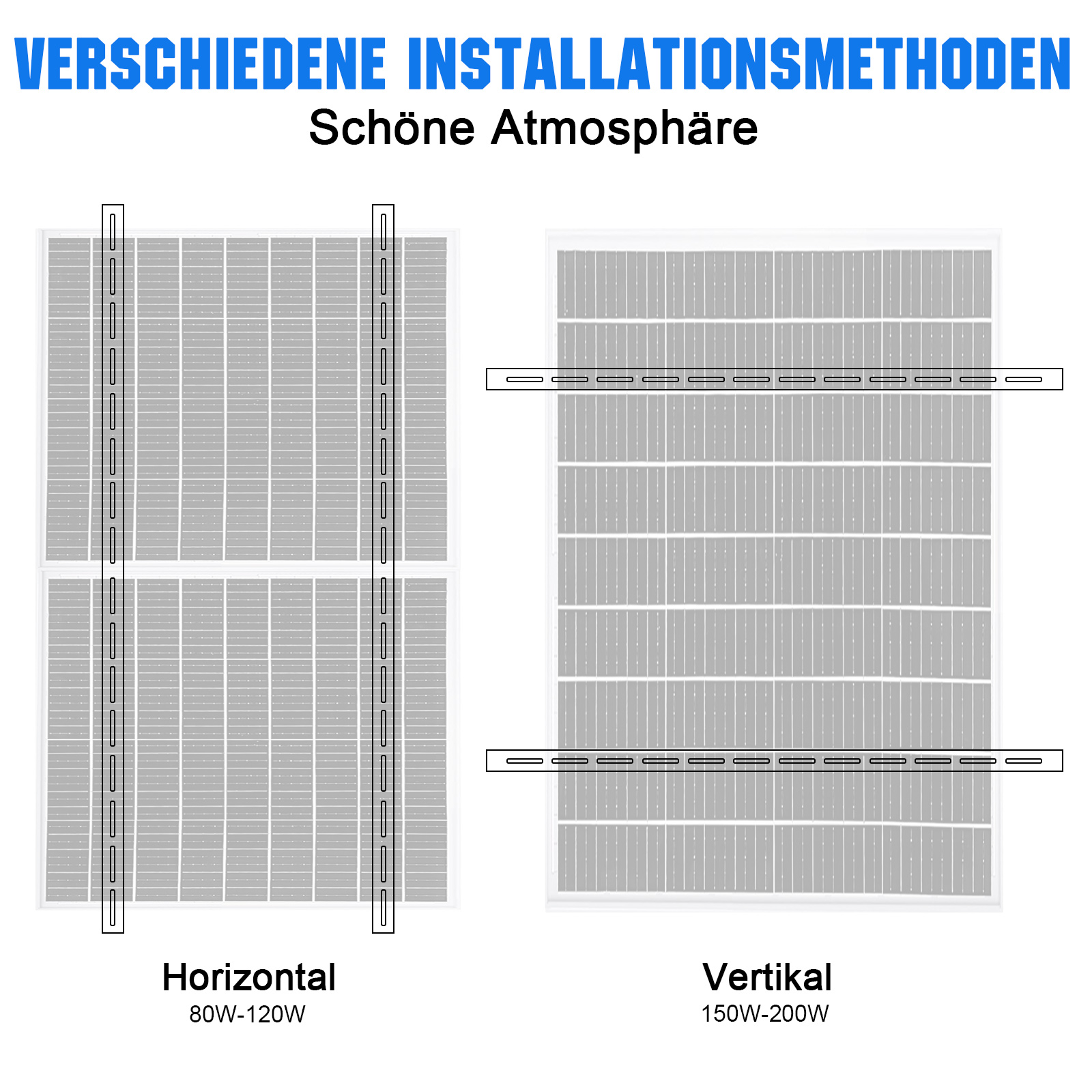 Schema zeigt horizontale und vertikale Montage von Solarmodulen mit Leistung.