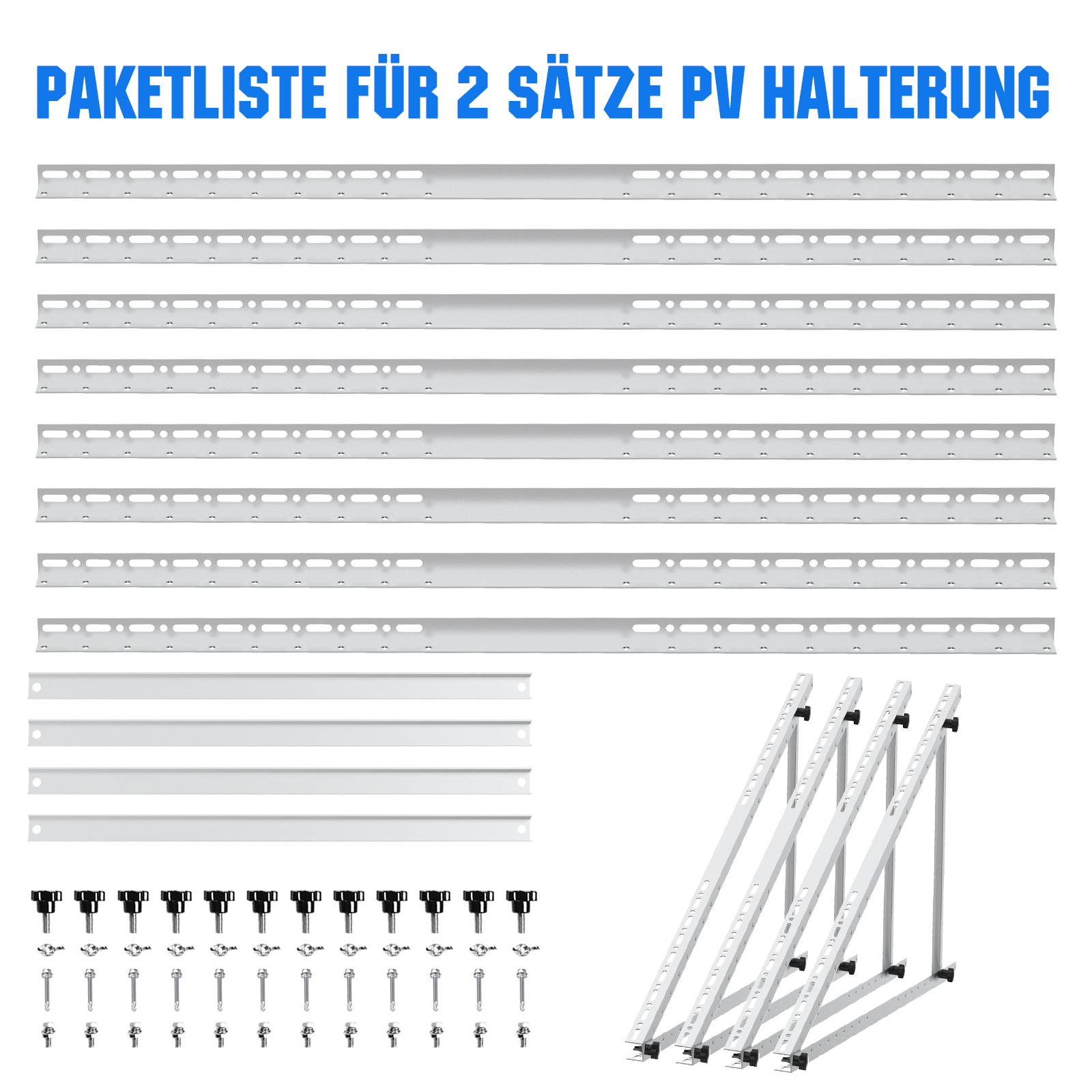 Paketliste für 2 Sätze PV-Halterung: Schienen, Winkel und Schrauben.