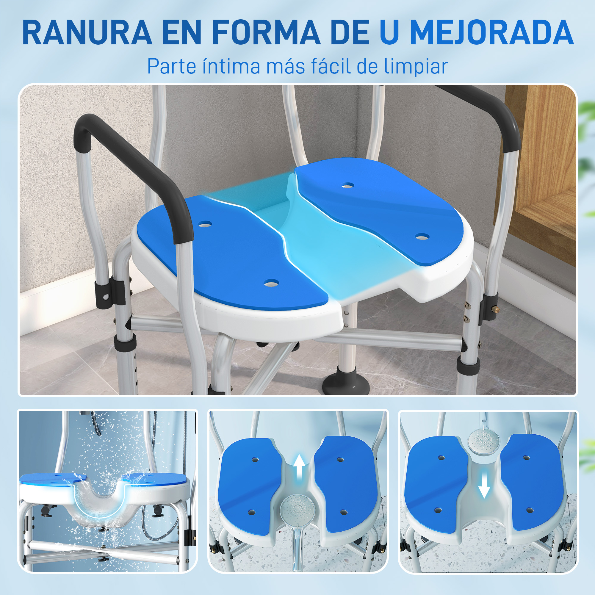 Una silla de ducha azul y blanca con apertura en U y asas.
