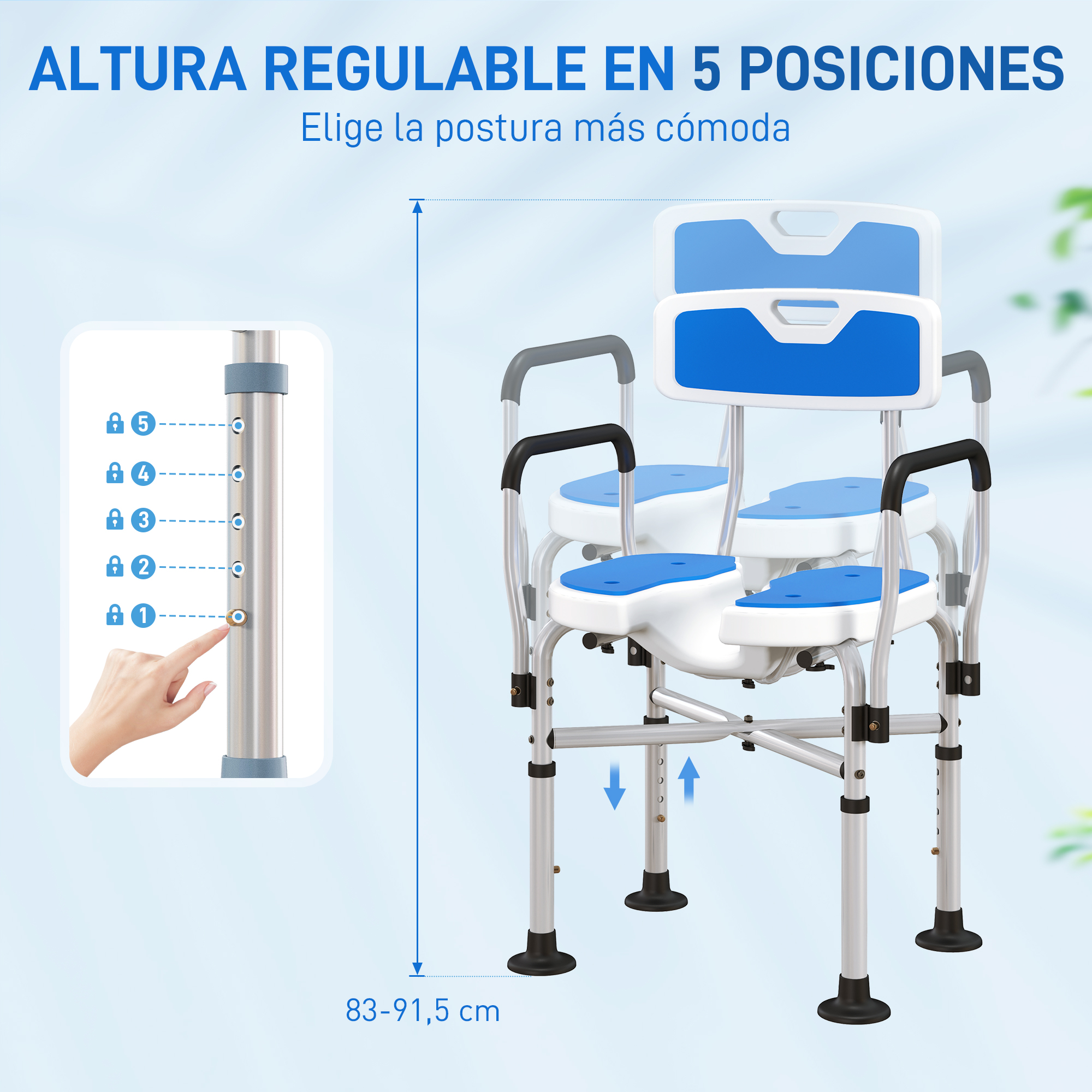 Silla de ducha ajustable con asientos y asas azules, altura regulable.