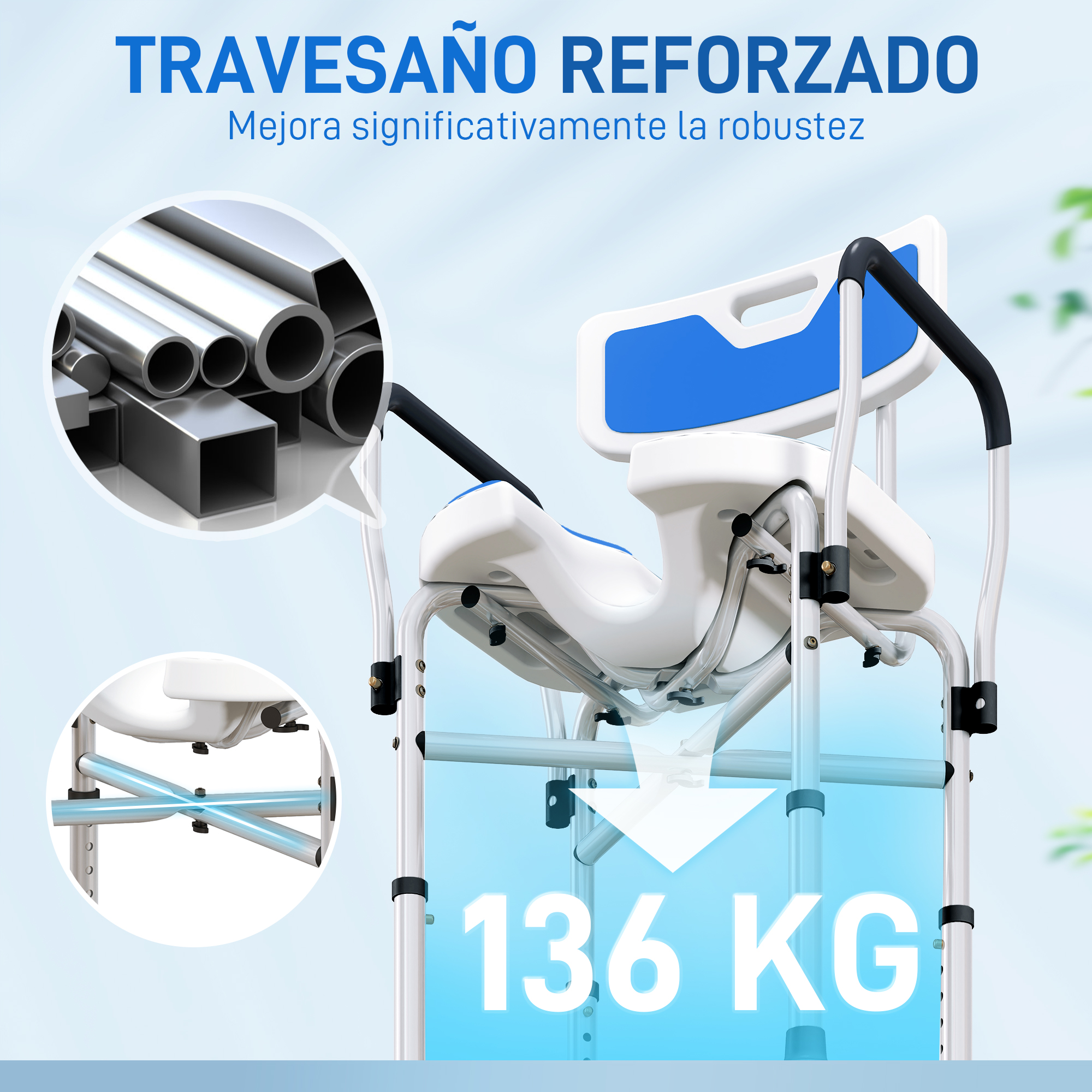 Silla de ducha con asiento azul y blanco, capacidad 136 kg.