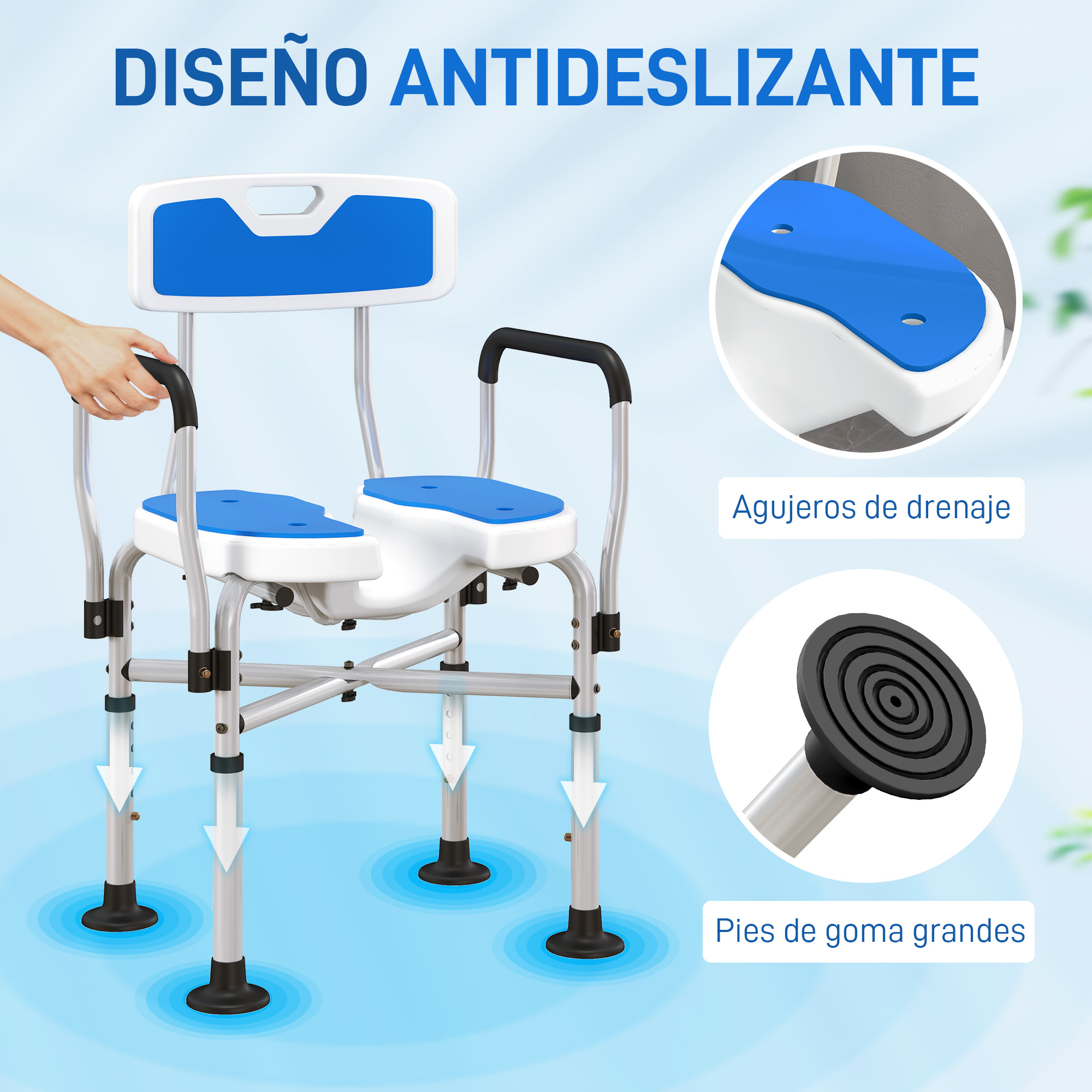 Una silla de ducha azul y blanca con reposabrazos y pies grandes de goma.