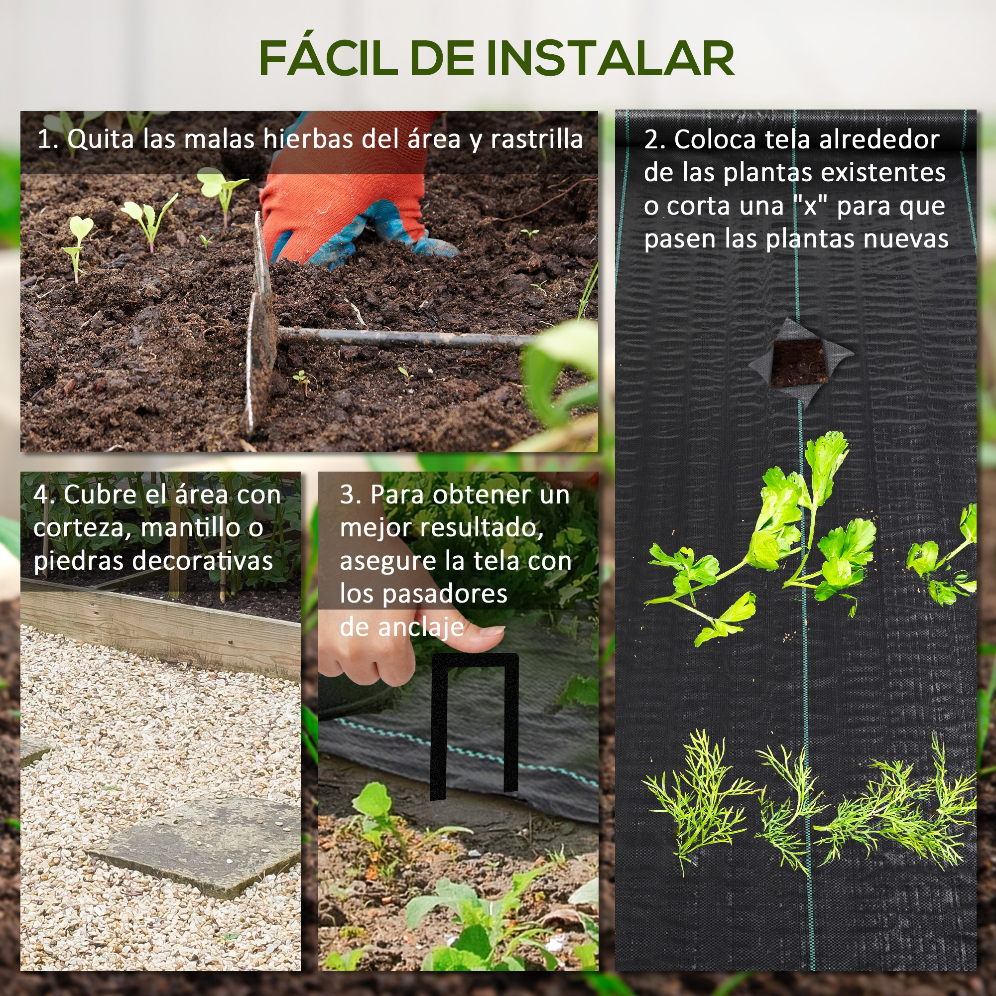 Pasos de jardinería: Quitar malas hierbas, colocar tela, asegurar con anclajes, cubrir.