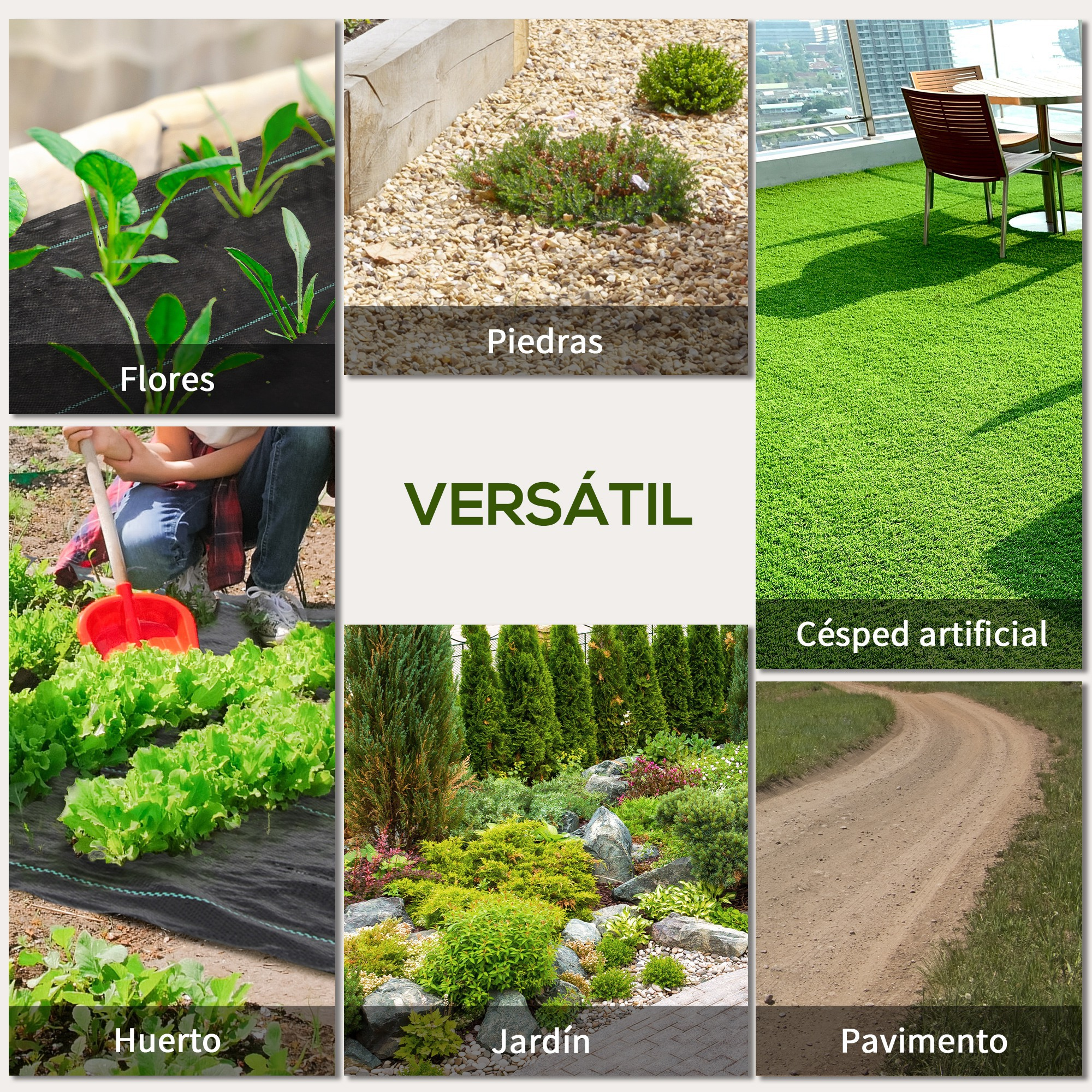 La collage muestra plantas, piedras, césped artificial, jardinería, jardín de rocas y camino.