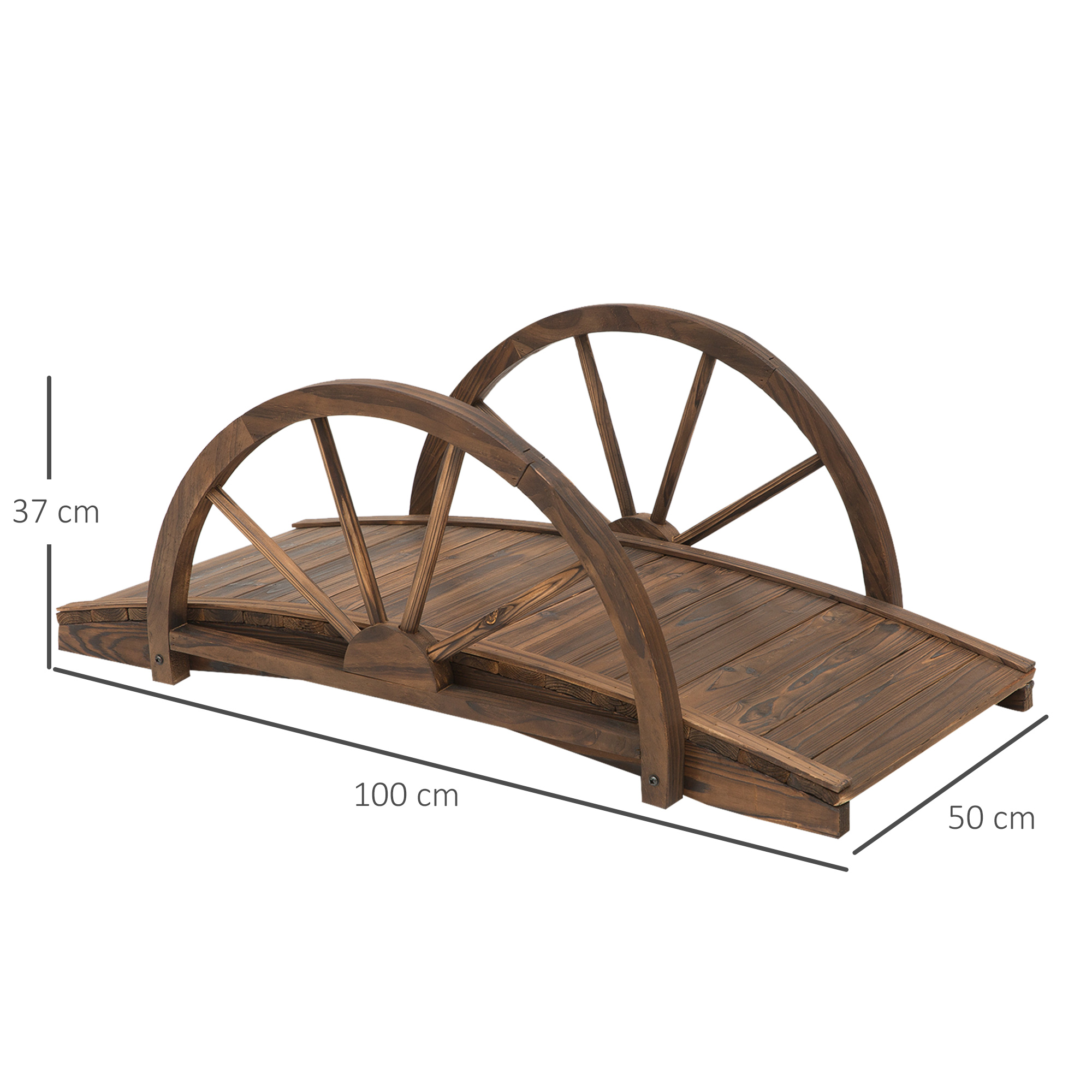 Puente arqueado de madera con detalles de rueda, 100cm largo, 50cm ancho, 37cm alto.