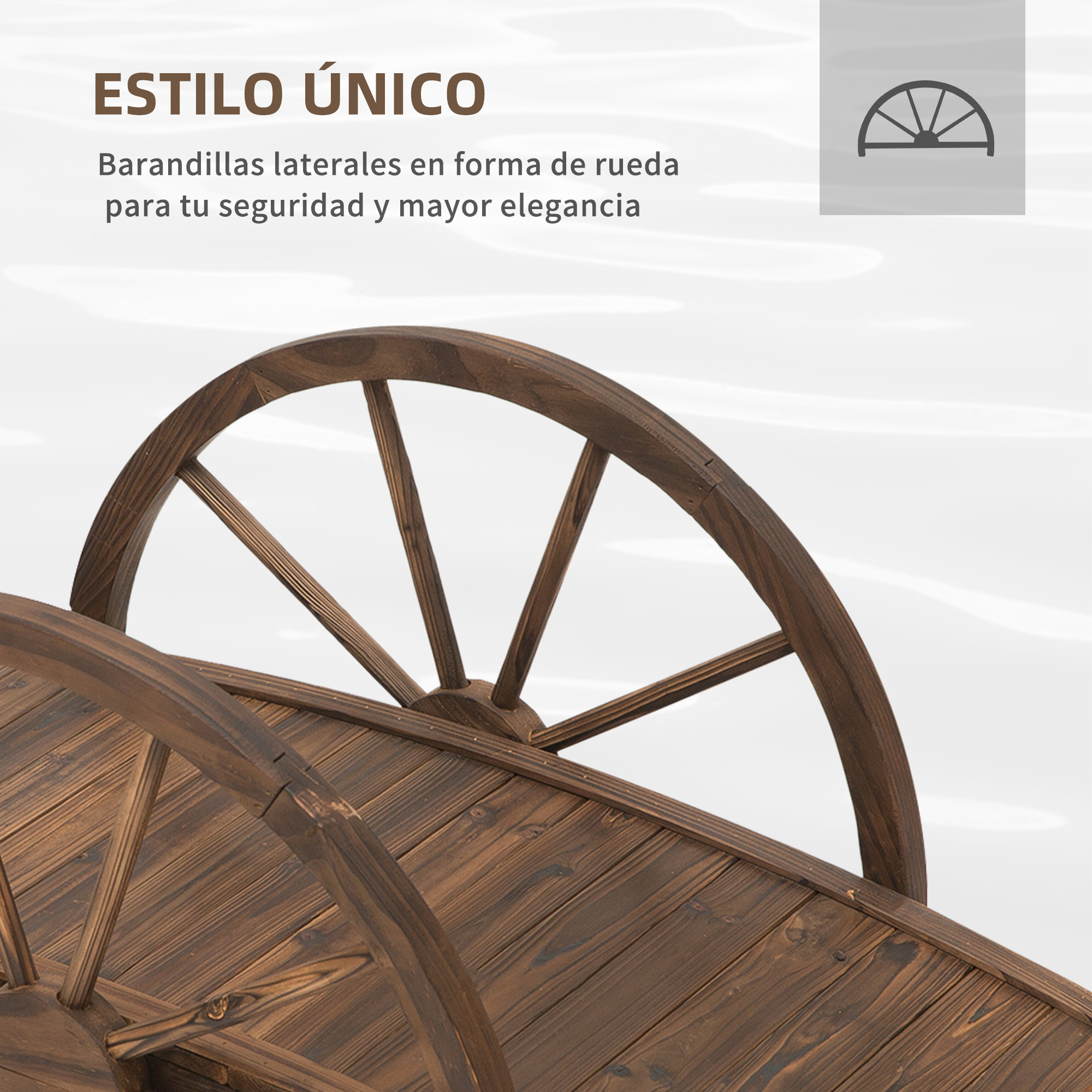 Un carro de madera con una rueda en primer plano y texto.