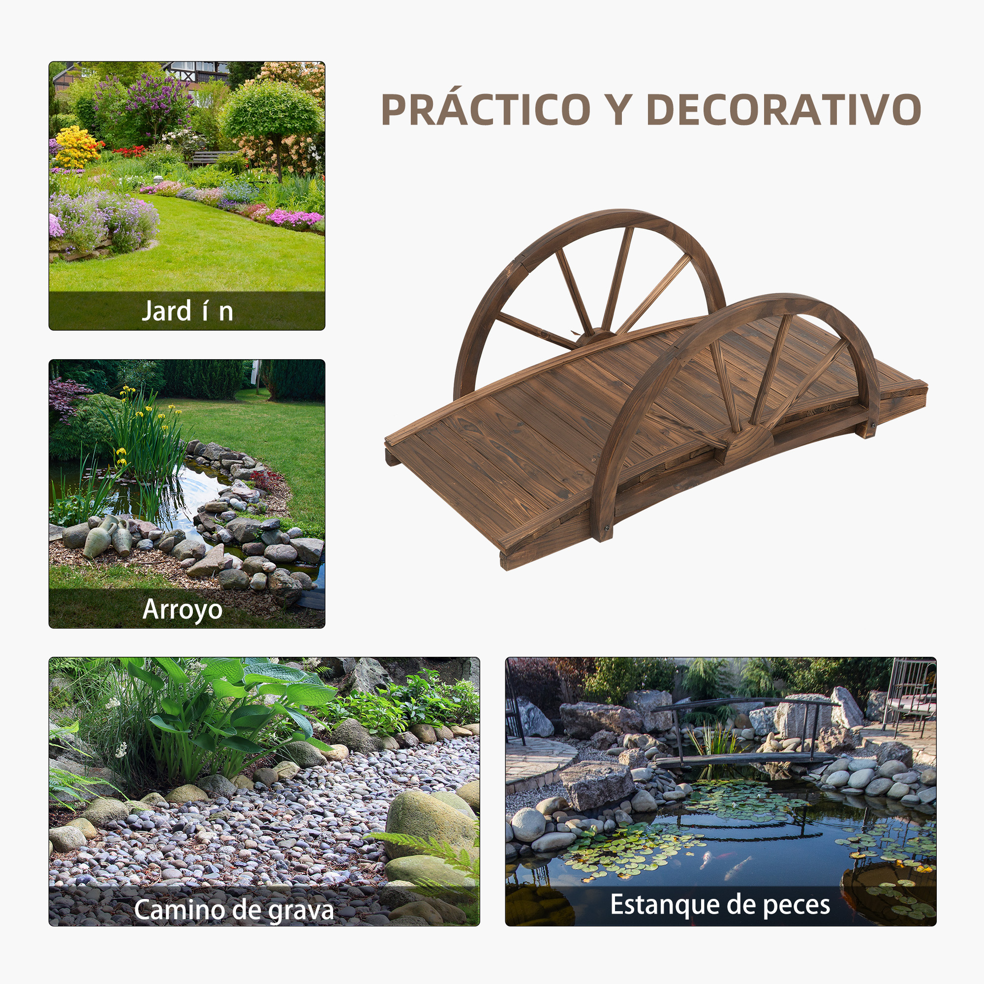 Un artículo de decoración de puente de jardín arqueado de madera aislado sobre fondo blanco.