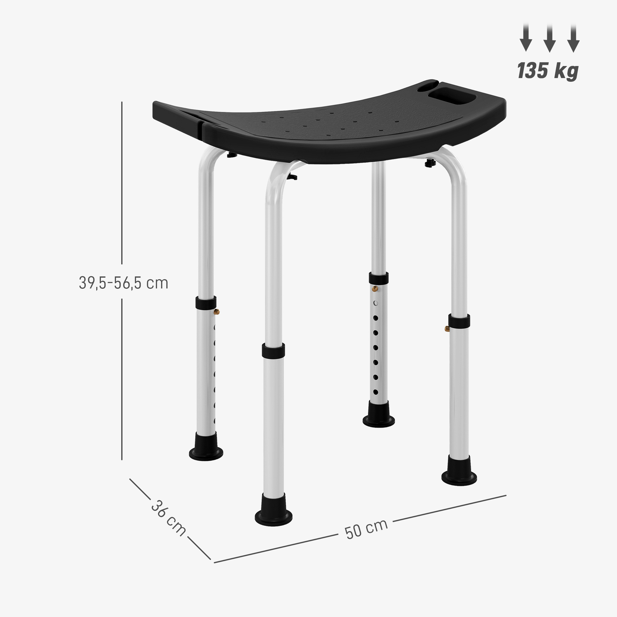 Un taburete de ducha ajustable con asiento negro y patas blancas.
