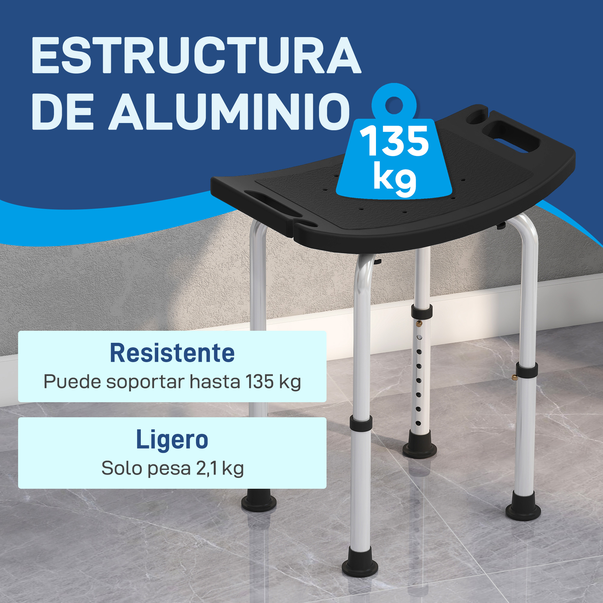 Silla de ducha de aluminio con capacidad de 135 kg y peso de 2,1 kg.