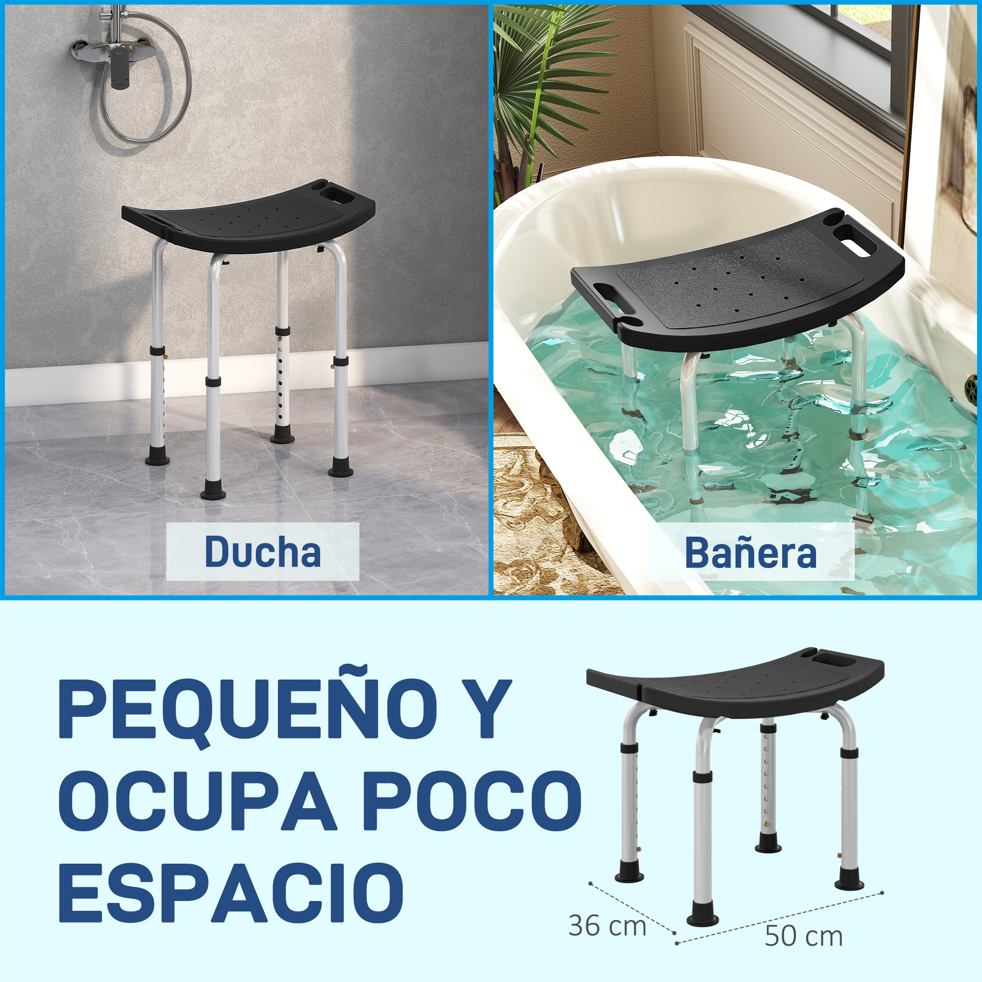 Un taburete de ducha ajustable se muestra en una ducha y en una bañera.