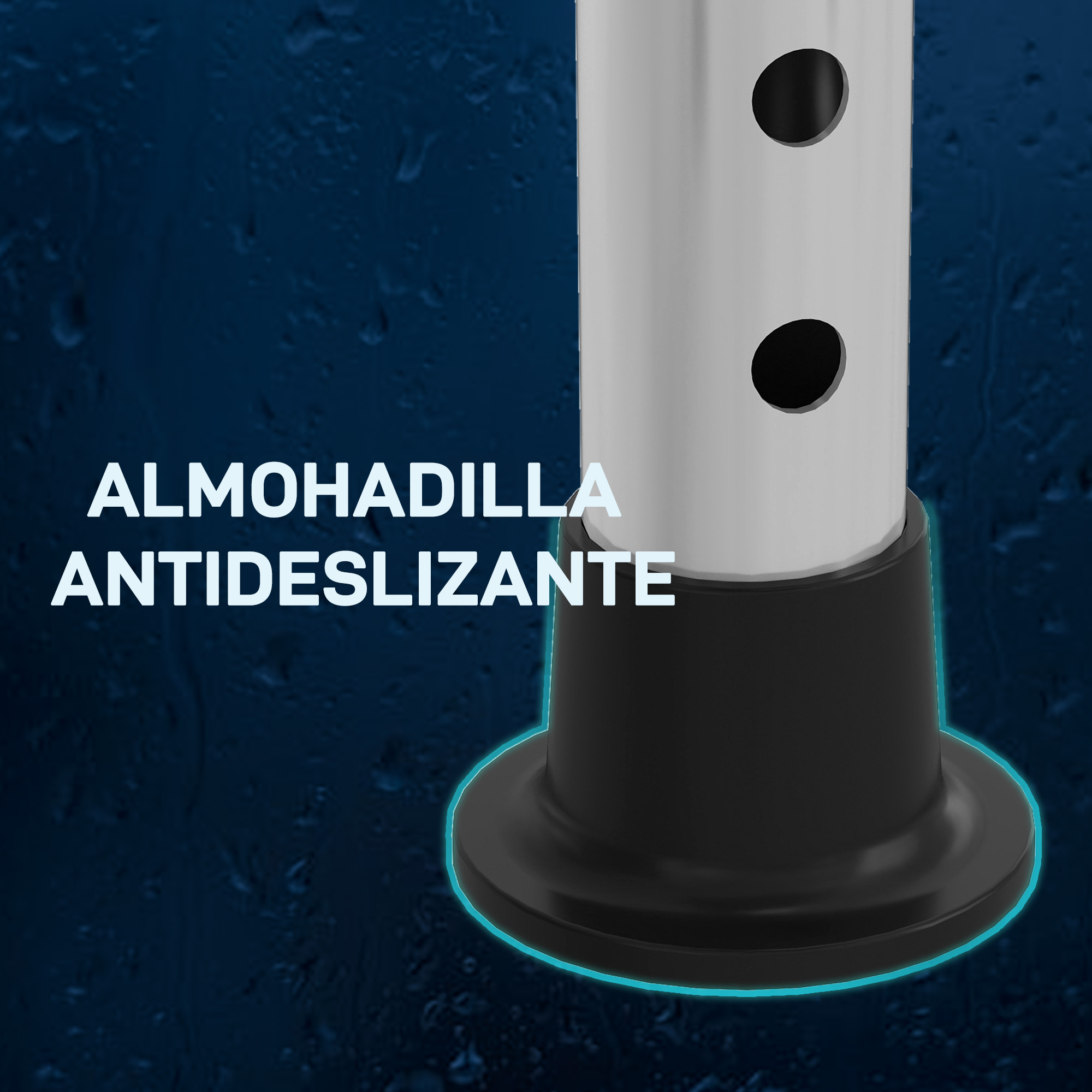 Un tubo plateado con base negra sobre fondo azul.