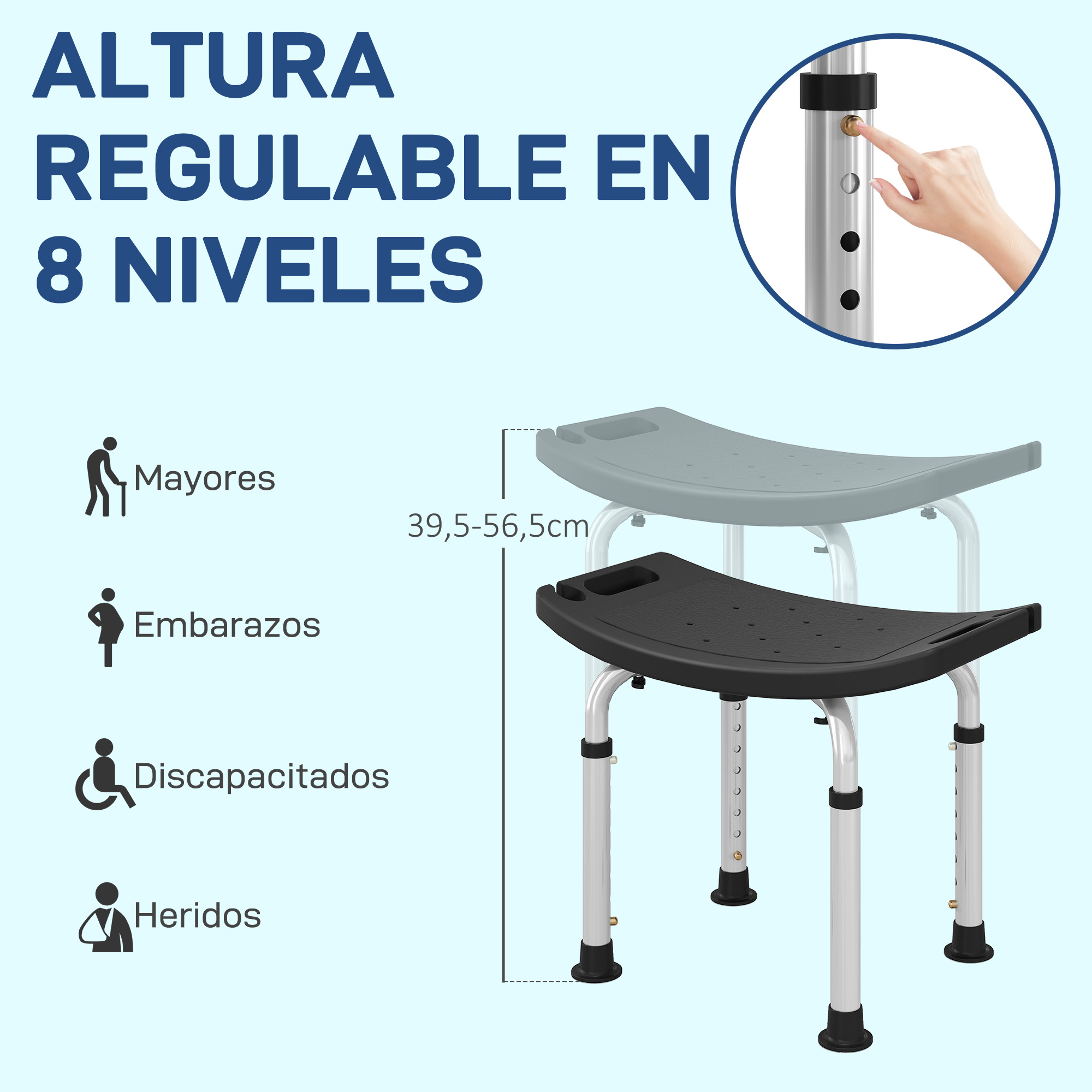 Taburete de ducha regulable en altura para mayores, embarazos, discapacitados.