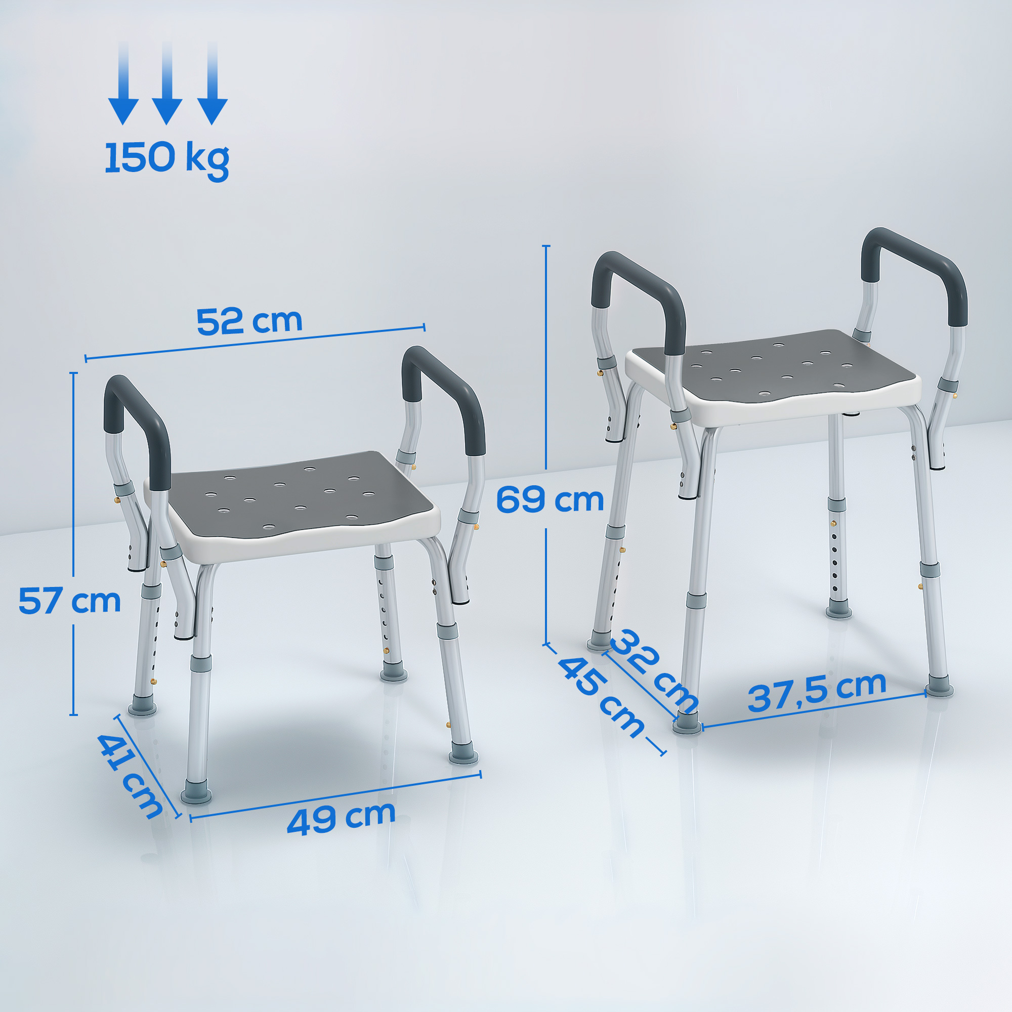 Dos taburetes de ducha ajustables con reposabrazos y dimensiones. Carga máx. 150 kg.