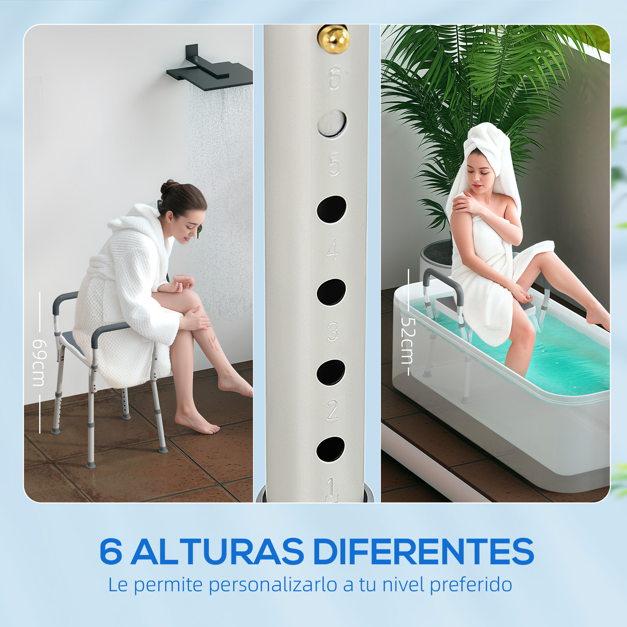 Mujer en bata sentada en silla de ducha junto a ducha. Se muestra ajuste altura.