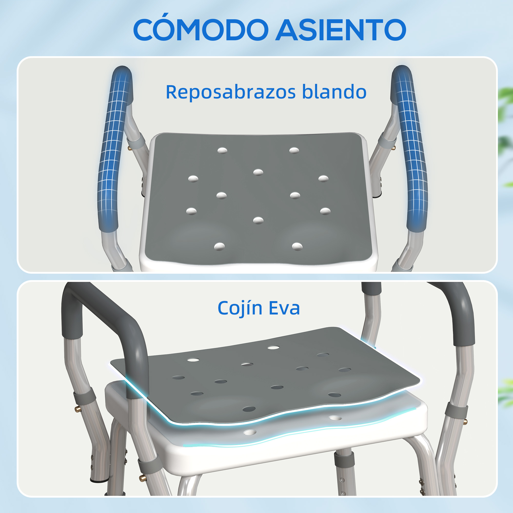 Una silla de ducha con reposabrazos blandos y cojín EVA.