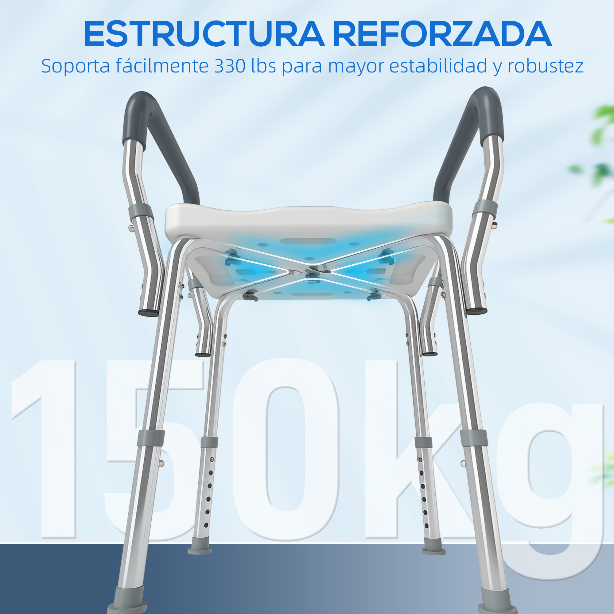 Silla de ducha reforzada con patas ajustables y asas acolchadas.