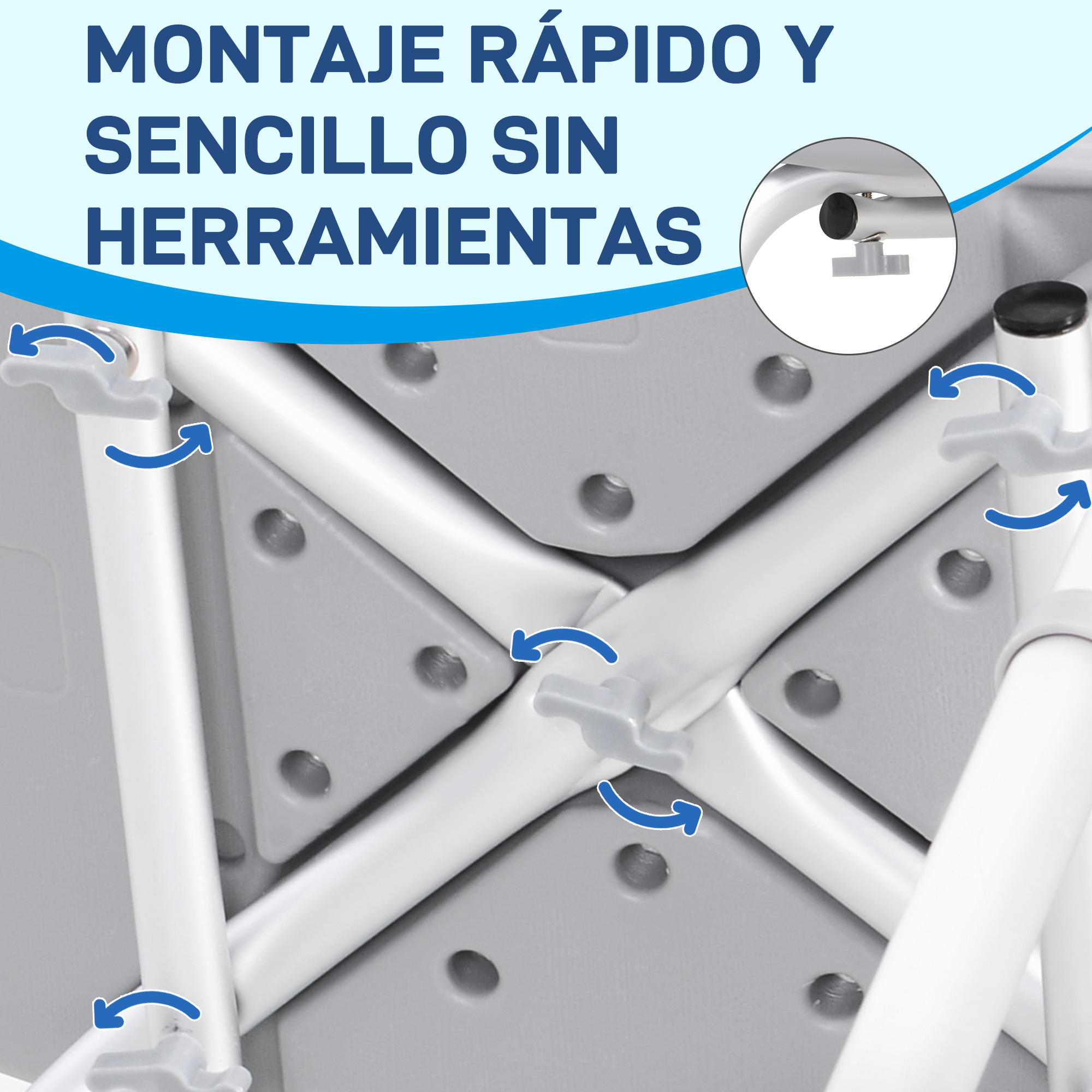 Silla de ducha gris con perillas de bloqueo rápido y flechas azules.