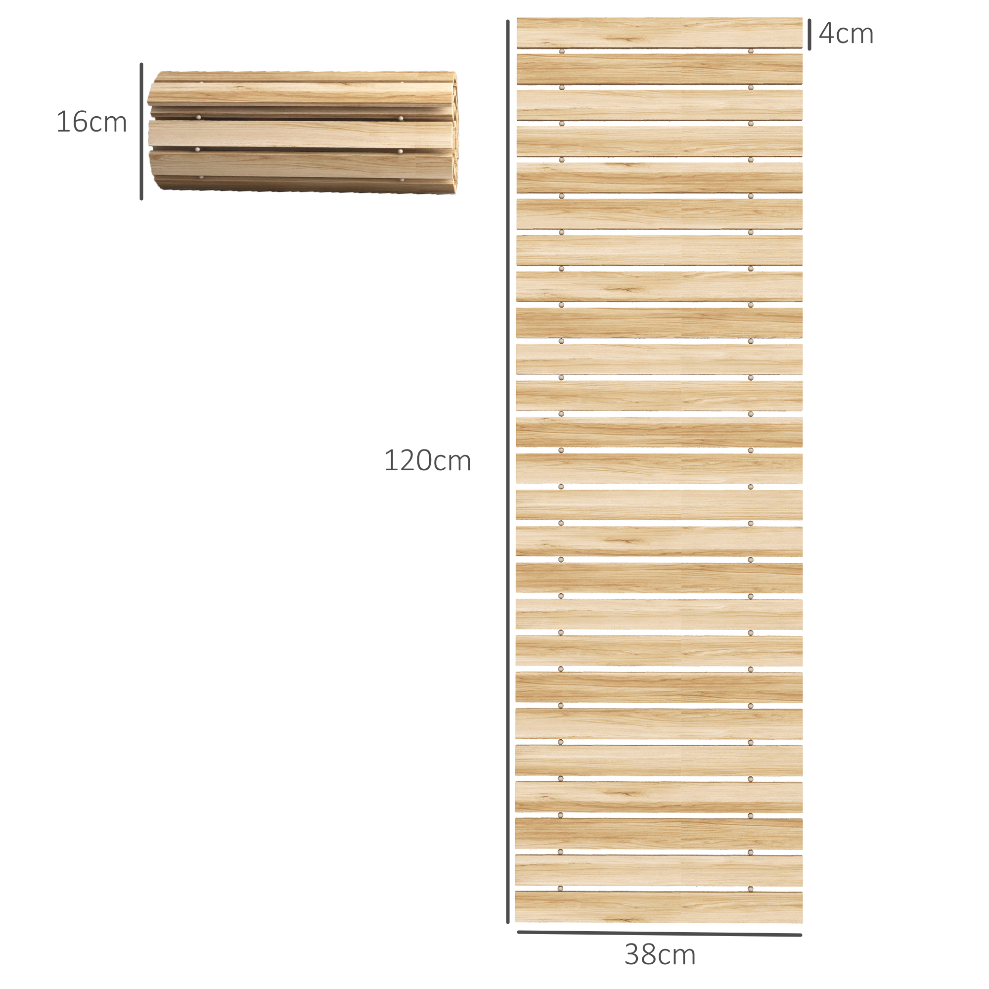 Persianas de madera, 120x38x4cm, profundidad 16cm. Listones claros.