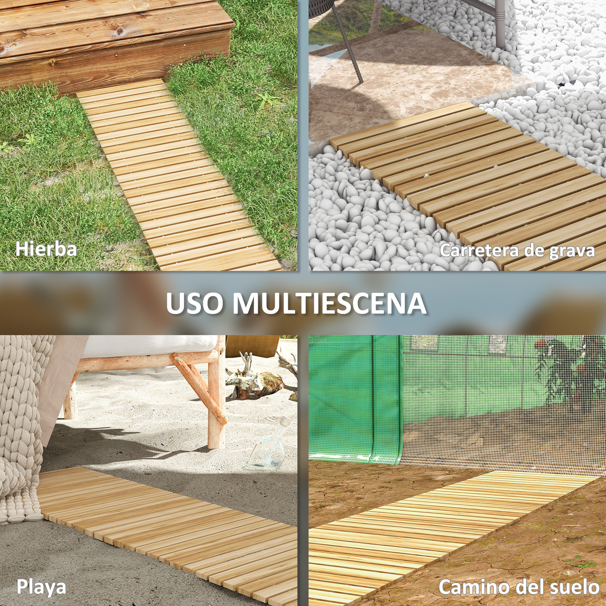 Sendero de madera sobre hierba, grava, arena y tierra, bajo invernadero
